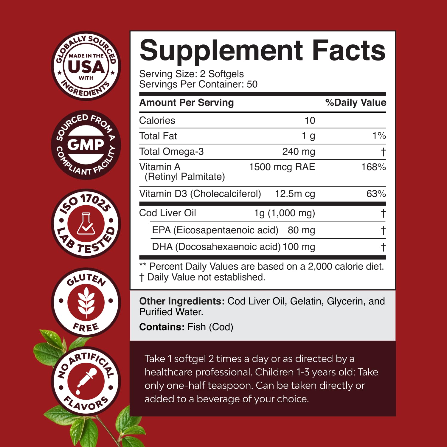 Icelandic Wild Caught Cod Liver Oil Softgels - Fish Omega 3, EPA, DHA, Vitamin D & A, 1000mg Per Serving - Burpless Capsules for Heart, Joint, Brain & Immune Support - 100 Count - Medaid International