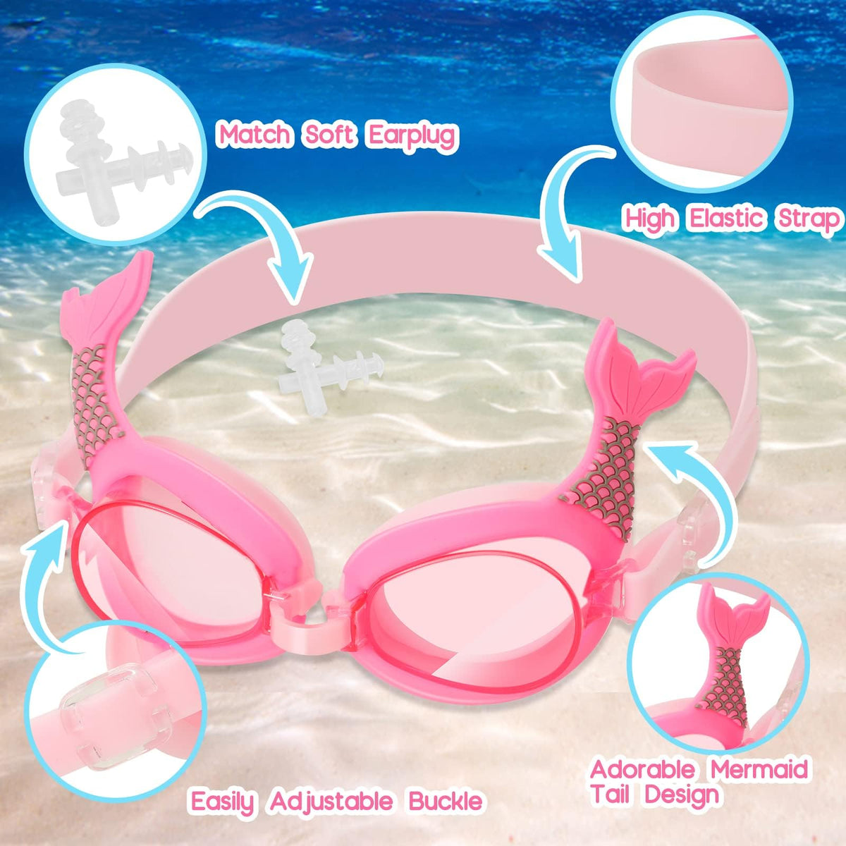 KASTWAVE Anti-Fog Swimming Goggles for Kids (Age 3-14) – Cute Mermaid Tail Design, UV Protection, Waterproof, with Ear Plugs, Nose Clip & Glasses Case