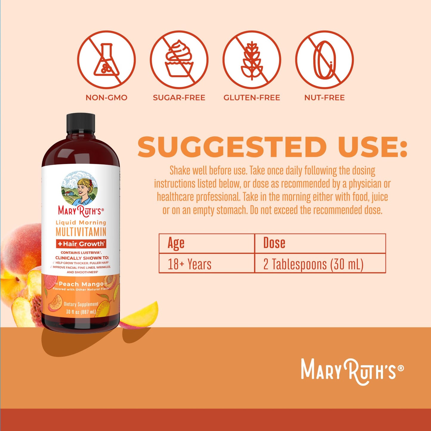 MaryRuth Organics Liquid Multivitamin+Hair Growth | Clinically Tested for Thicker Hair & Facial Wrinkles in Women | Biotin 10000mcg | Lustriva Hair Growth Supplement | Skin Care | Age 18+ | 30 Fl Oz - Medaid International