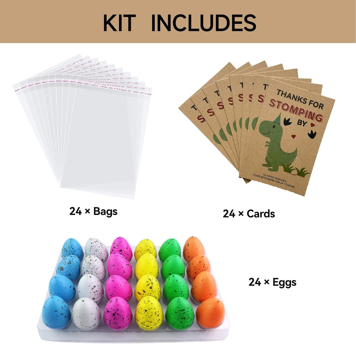 KASTWAVE Dinosaur Party Favors for Kids Birthday Parties, 24 Pack Dino Egg Hatching Cards Bulk, Exciting Boys Girls Toddler Party Supplies & Unique Decorations, Fun Dinosaur Gifts & Games