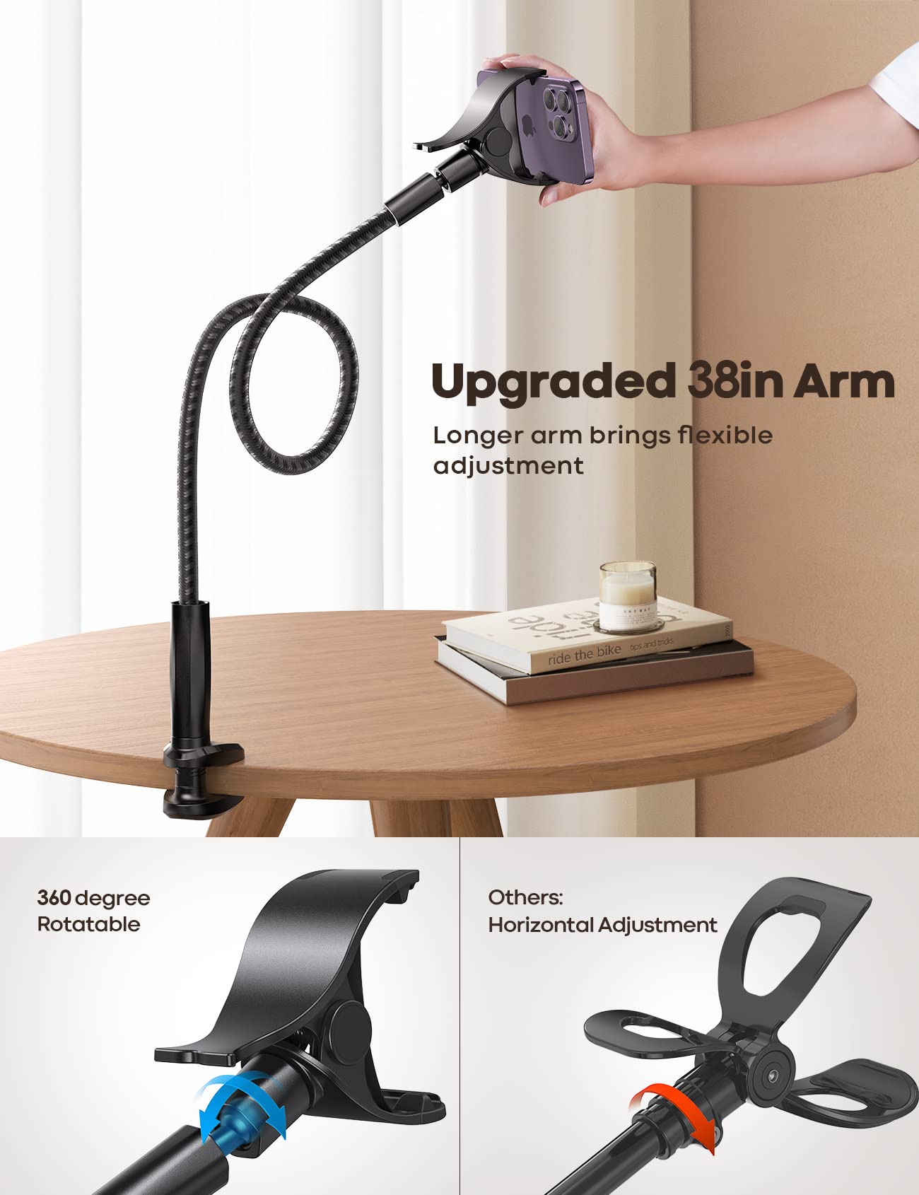 Lamicall Gooseneck Phone Holder Bed - [Nylon Braided] Flexible Arm, 38inch Overall Length, 360 Adjustable Clamp Clip, Overhead Cell Phone Mount Stand for Bed, Desk, 4-7” Cellphone - Medaid International