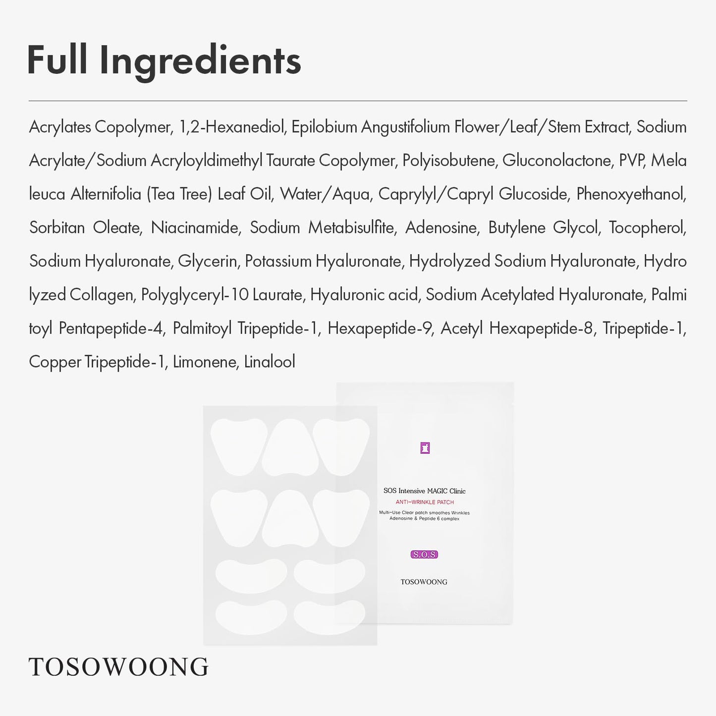 TOSOWOONG Anti-Wrinkle Patch with Hydrolyzed Collagen, Forehead & Eye & Smile Line Wrinkle Patches, Anti-Wrinkle Tape, K-Beauty Overnight Under Eye Patches, Korean Skincare, 5ea (10patches X 5) - Medaid International