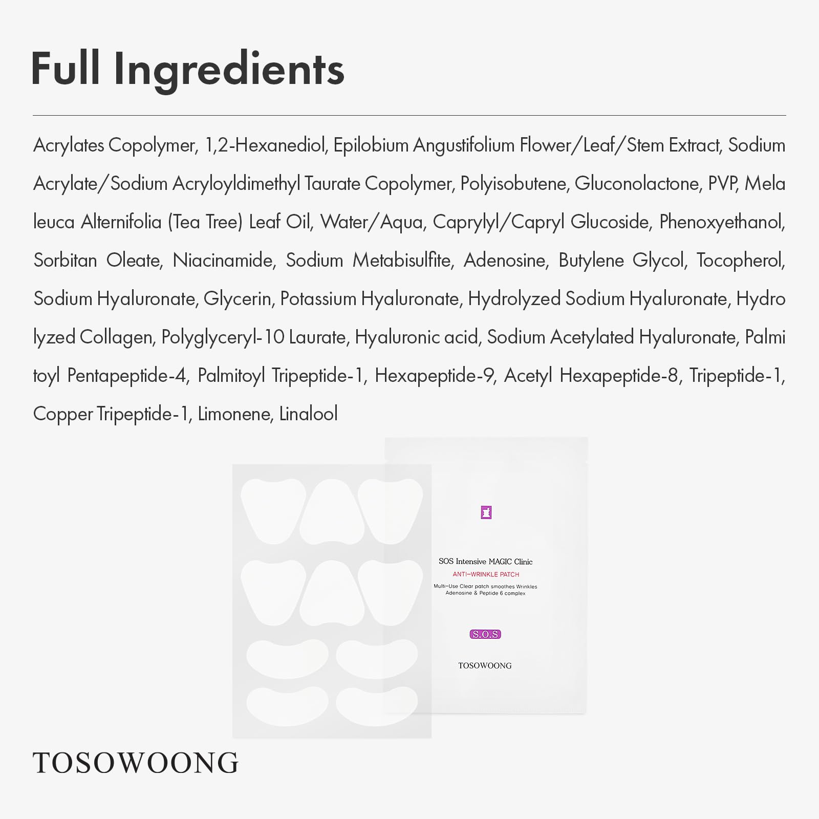 TOSOWOONG Anti-Wrinkle Patch with Hydrolyzed Collagen, Forehead & Eye & Smile Line Wrinkle Patches, Anti-Wrinkle Tape, K-Beauty Overnight Under Eye Patches, Korean Skincare, 5ea (10patches X 5) - Medaid International