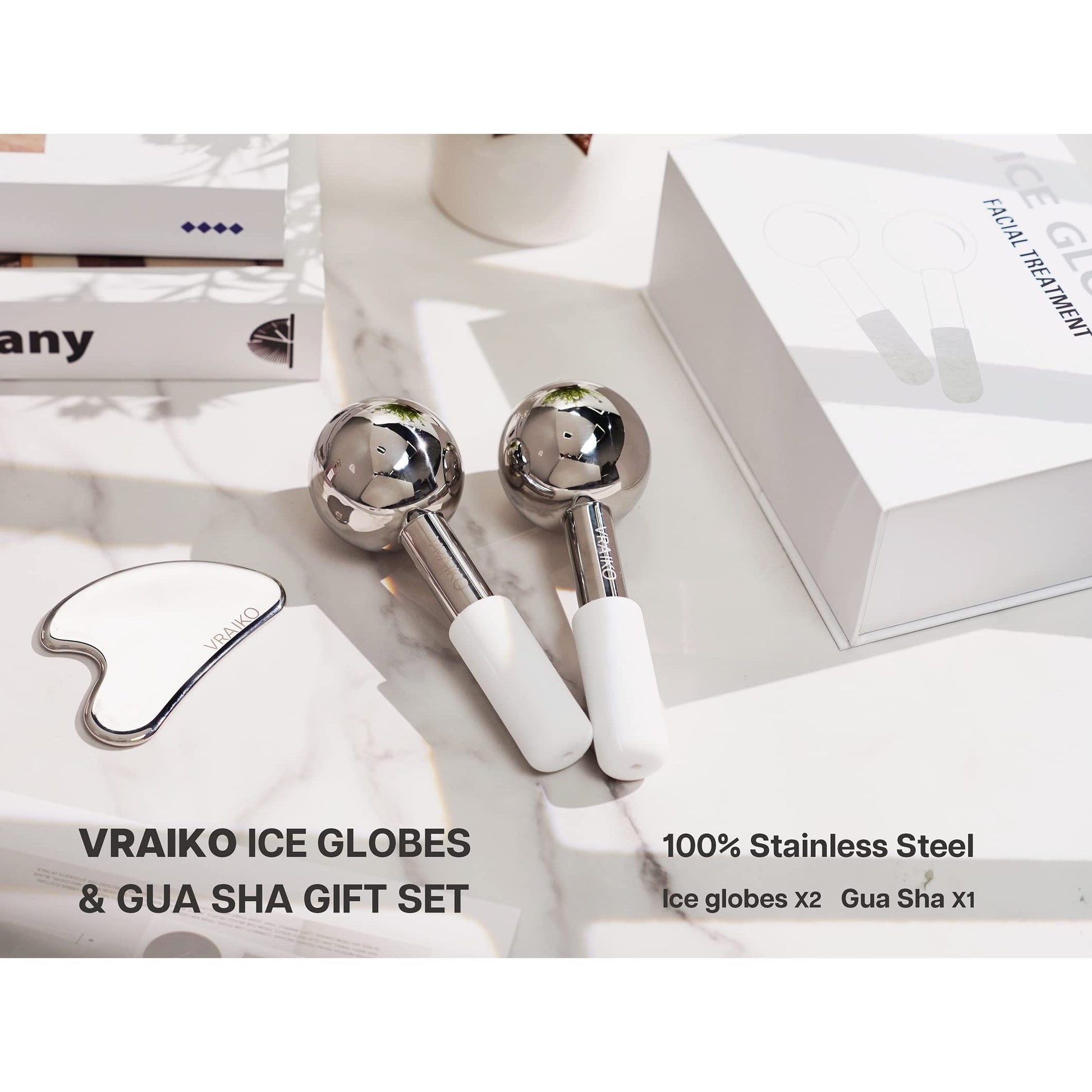VRAIKO ICE Globes for Facials & Gua Sha Set, Gua Sha Facial Tools and Cryo Sticks with Unbreakable Steel, Face Massager Cooling Rollers for Dark Circles, Puffiness and Lymphatic Drainage (White) - Medaid International