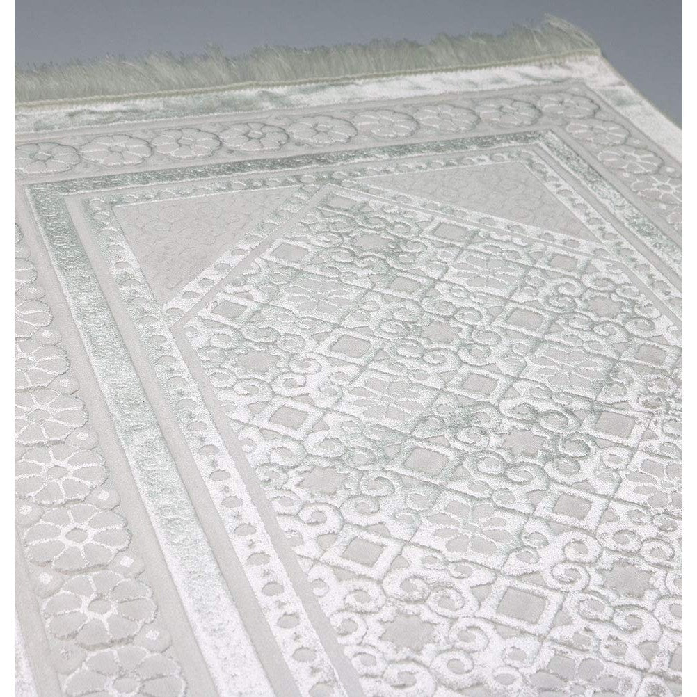 Modefa Velvet Prayer Rug - Soft Plush Turkish Janamaz Sajada Carpet for Men and Women - Plain Solid Prayer Mat Ramadan Eid Gift - with Prayer Beads - Luxury Floral Stamp (White) - Medaid International