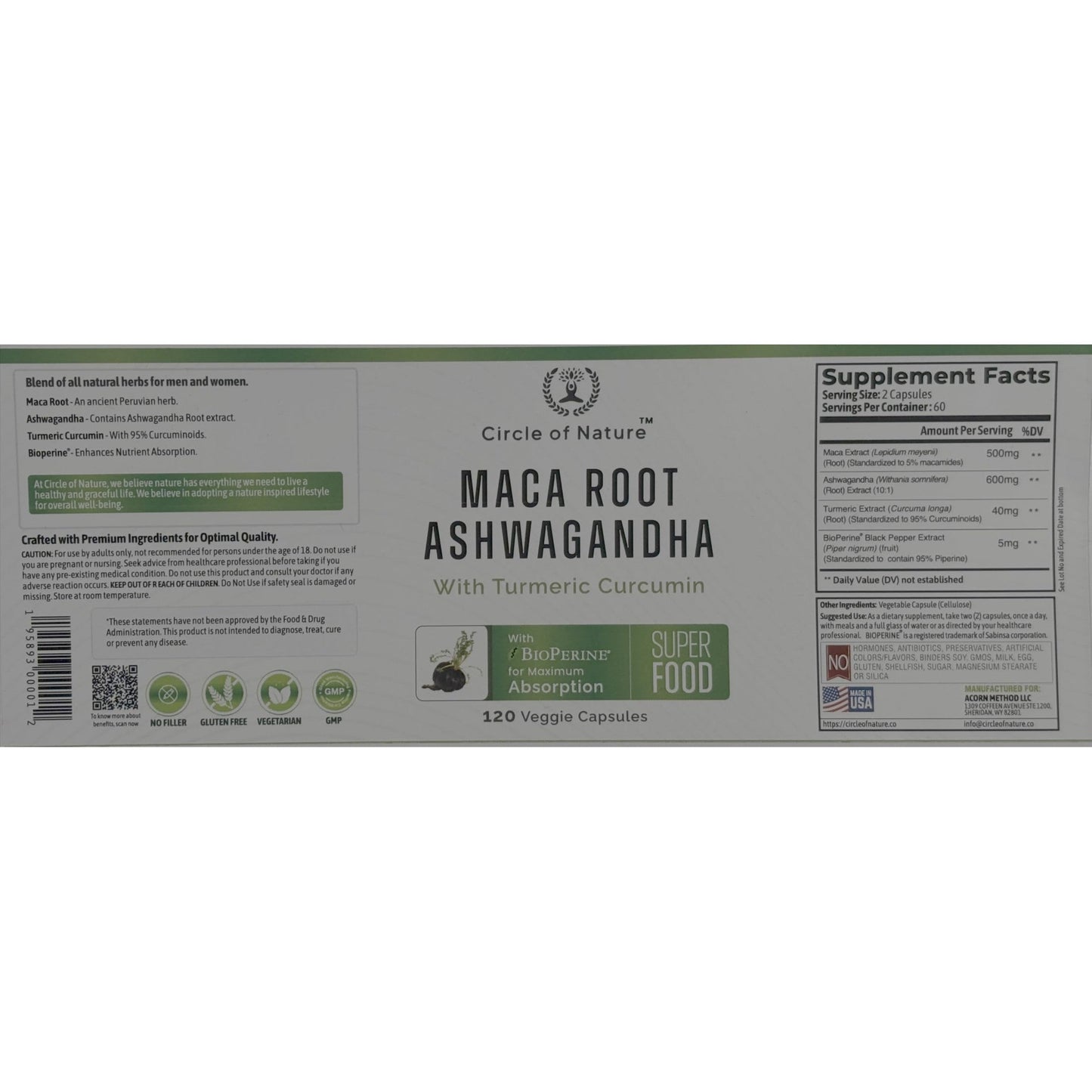 Maca Root, Ashwagandha Root Extract, Capsules for Men & Women with Turmeric Curcumin and Bioperine 120 Capsules Made in USA - Medaid International