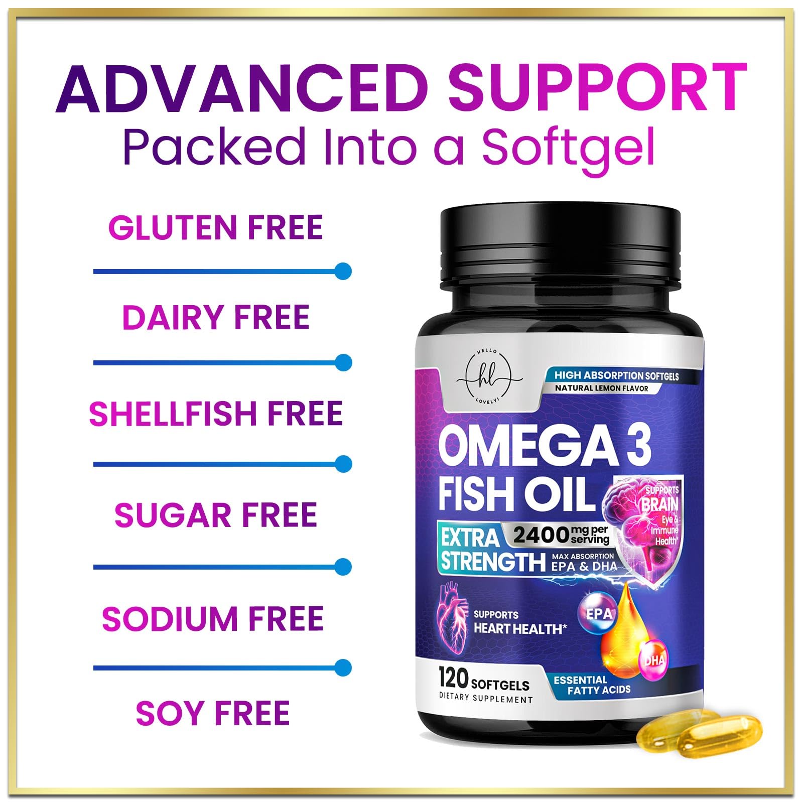 Omega 3 Fish Oil Supplements 2400mg - Triple Strength Omega 3 Fatty Acids, Natural Heart Health Brain & Joint Support - Fatty Acids with EPA & DHA - Wild Caught Fish Oil Supplement - 120 Softgels - Medaid International