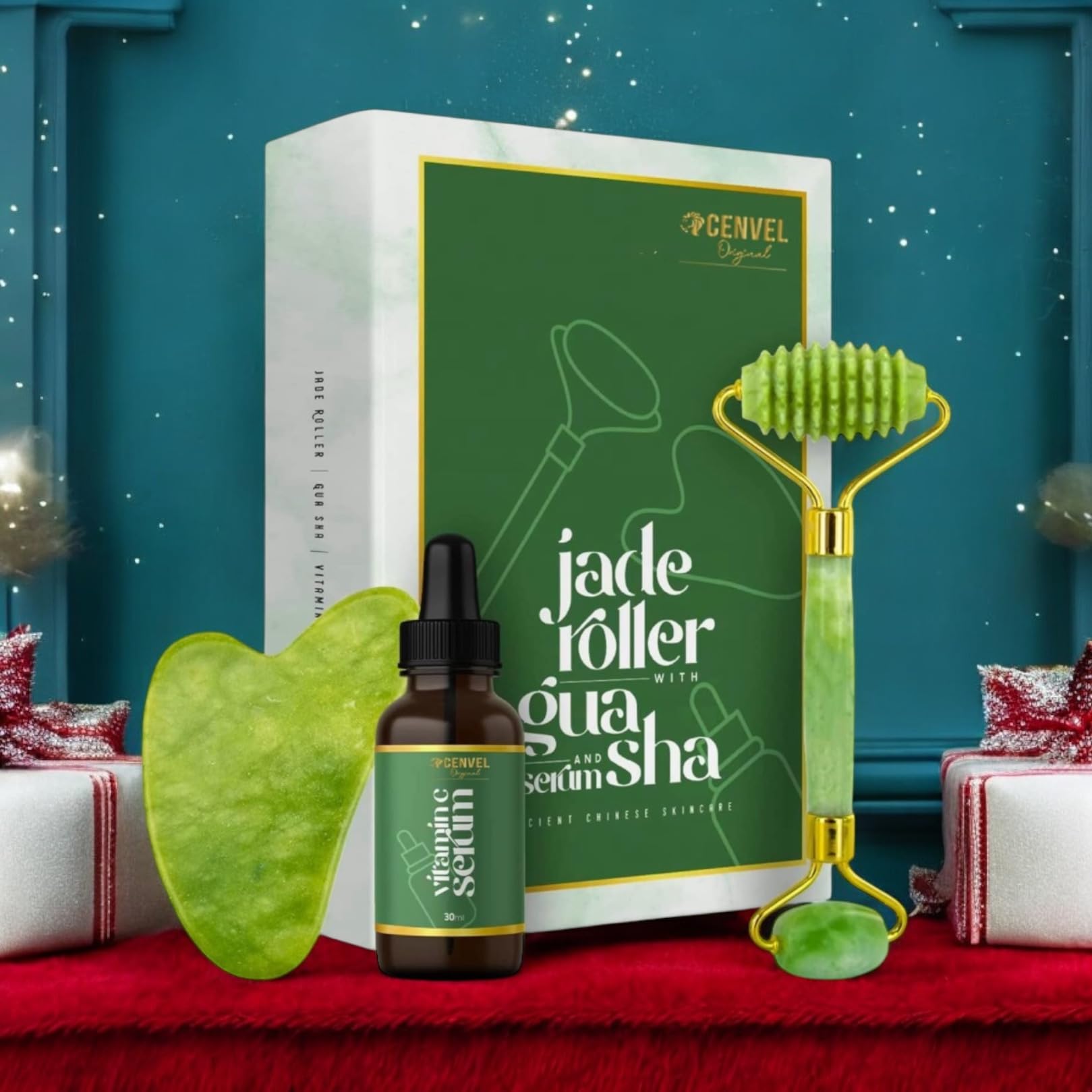 100% Real Crystal Jade Stone Roller and Gua Sha Set with Vitamin C Serum | Great for Eye Puffiness Treatment, Skin Tightening, Anti Aging, Rejuvenate Face & Neck | Great Gift for Women & Men (Green) - Medaid International