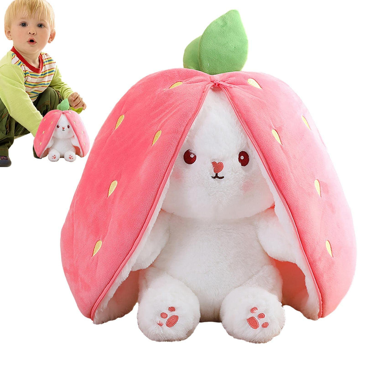 KASTWAVE Strawberry Bunny Plush Toys, Rabbit Muppet Toys, Strawberry Bunny Transformed into Little Rabbit Fruit Doll Plush Toy Carrot Rabbit Plush Doll Girl for Kids (Strawberry Rabbit, 18cm)