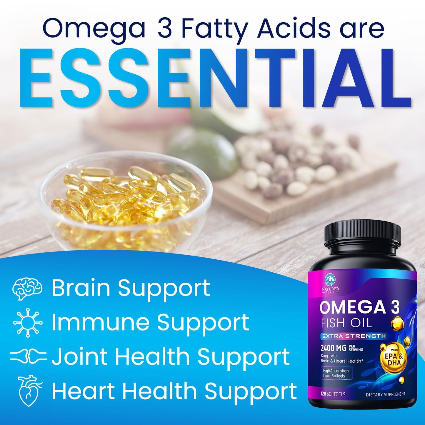 Omega 3 Fish Oil 2400 mg Supplement, Sustainably Sourced, Triple Strength Omega-3 Supplement Softgels, Brain Health Support, EPA & DHA Fish Oil Fatty Acids Supplements, Gluten & GMO Free, 120 Softgels - Medaid International