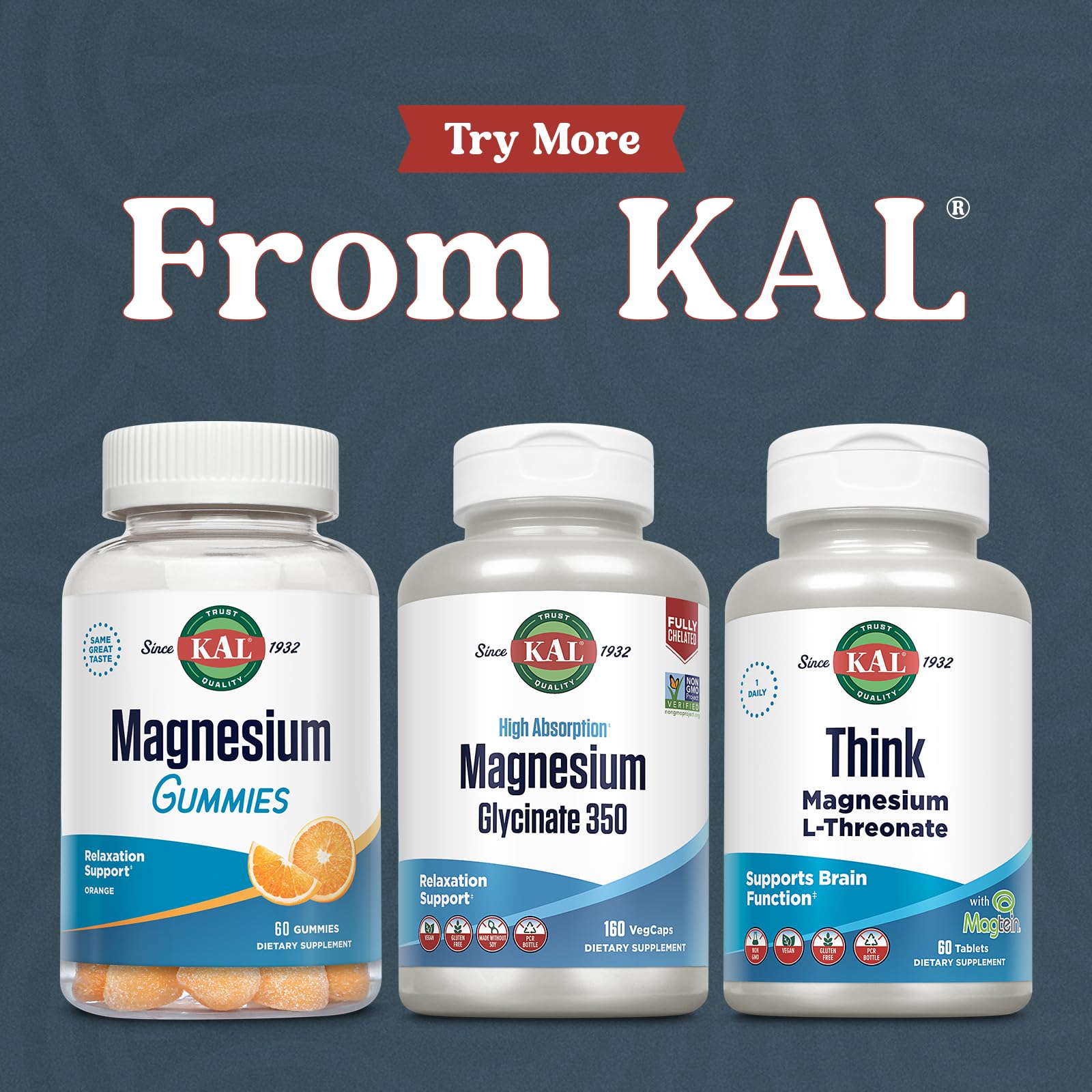 KAL Magnesium Glycinate Capsules, Fully Chelated Magnesium Bisglycinate, High Absorption Magnesium Supplement, Healthy Bones, Muscle, Relaxation and Stress Support, Non-GMO 160 count - Medaid International