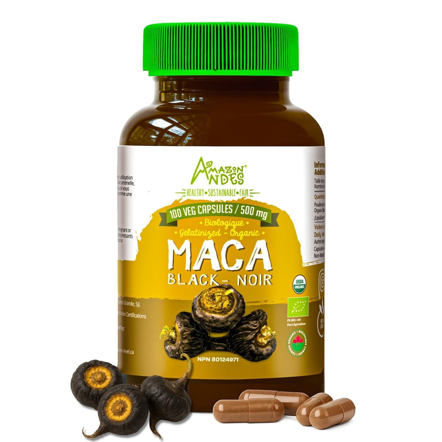 Black Maca Root Capsules l Organic Vegan Pills l 1500mg per Serving l Reproductive Health for Men l Natural Energy Booster l Adaptogen Function l Non GMO and Gluten Free l Amazon Andes - Medaid International