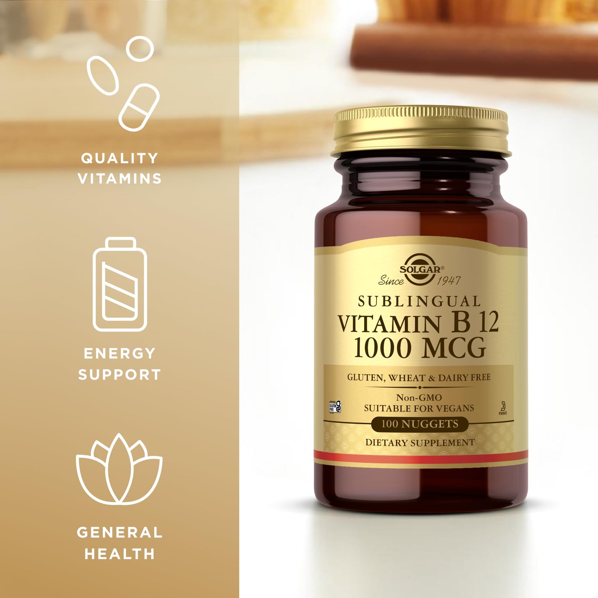 Solgar Sublingual Vitamin B12 1000 mcg - 100 Nuggets - Non-GMO, Vegan, Gluten Free, Dairy Free, Kosher, Halal - 100 Servings - Medaid International