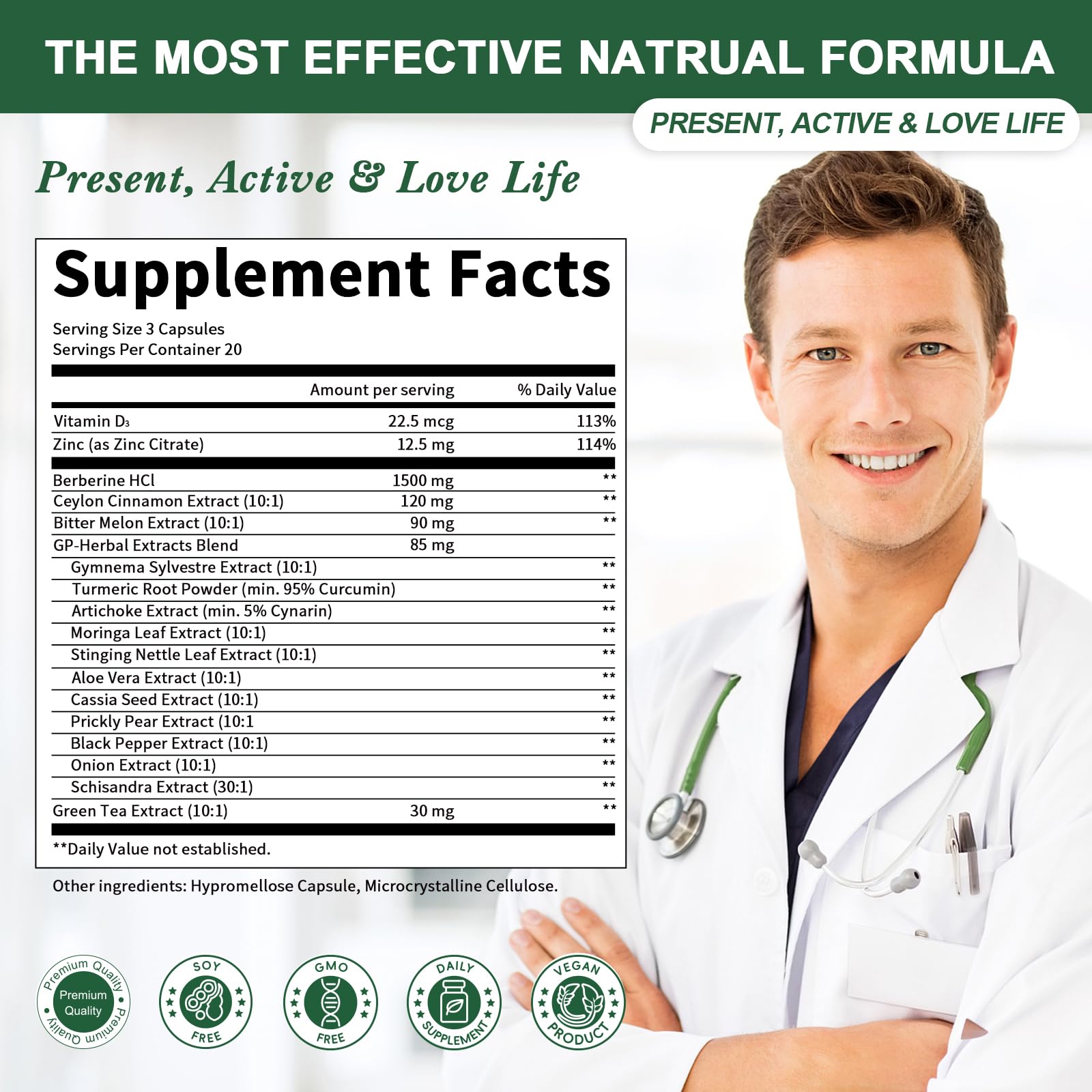 GREENPEOPLE Berberine Supplement with Ceylon Cinnamon - Berberine 1500mg Activates AMPK & GLP-1 Berberine HCL Capsules with Bitter Melon/Artichoke Extracts & Natural Herbs for Immune Support 60 Count - Medaid International