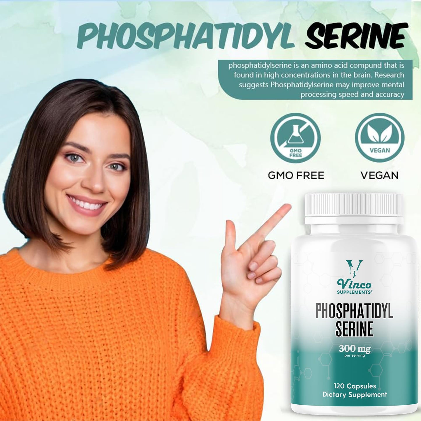 Vinco Phosphatidylserine 300mg – Memory, Focus & Brain Health Supplement - Supports Cognitive Function & Mental Clarity - Non-GMO, Gluten-Free - 120 High-Potency Capsules - Medaid International