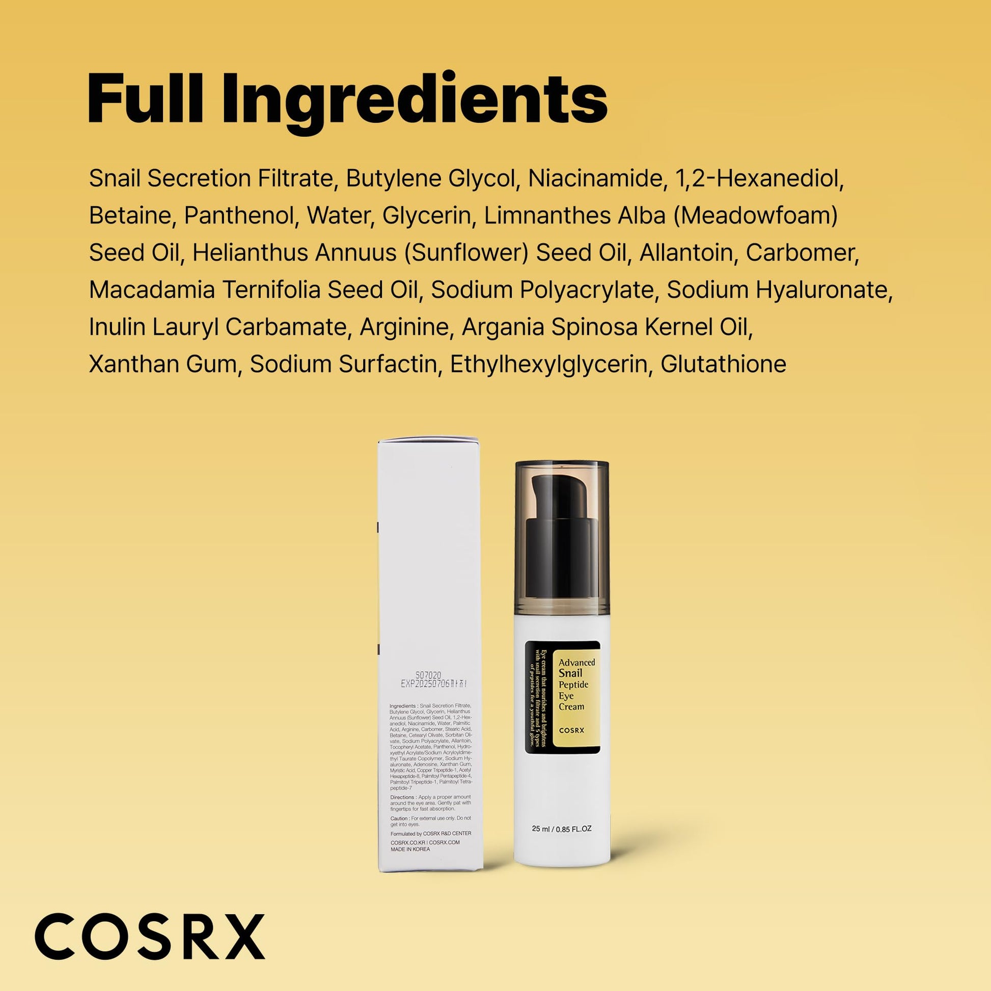 COSRX Snail Mucin Peptide Under Eye Cream, 0.84 fl oz, 73.7% Snail Mucin and Niacinamide, Eye Care, Eye Cream Anti Aging, Dark Circles, Korean Skin Care, Stocking Stuffers for Women - Medaid International