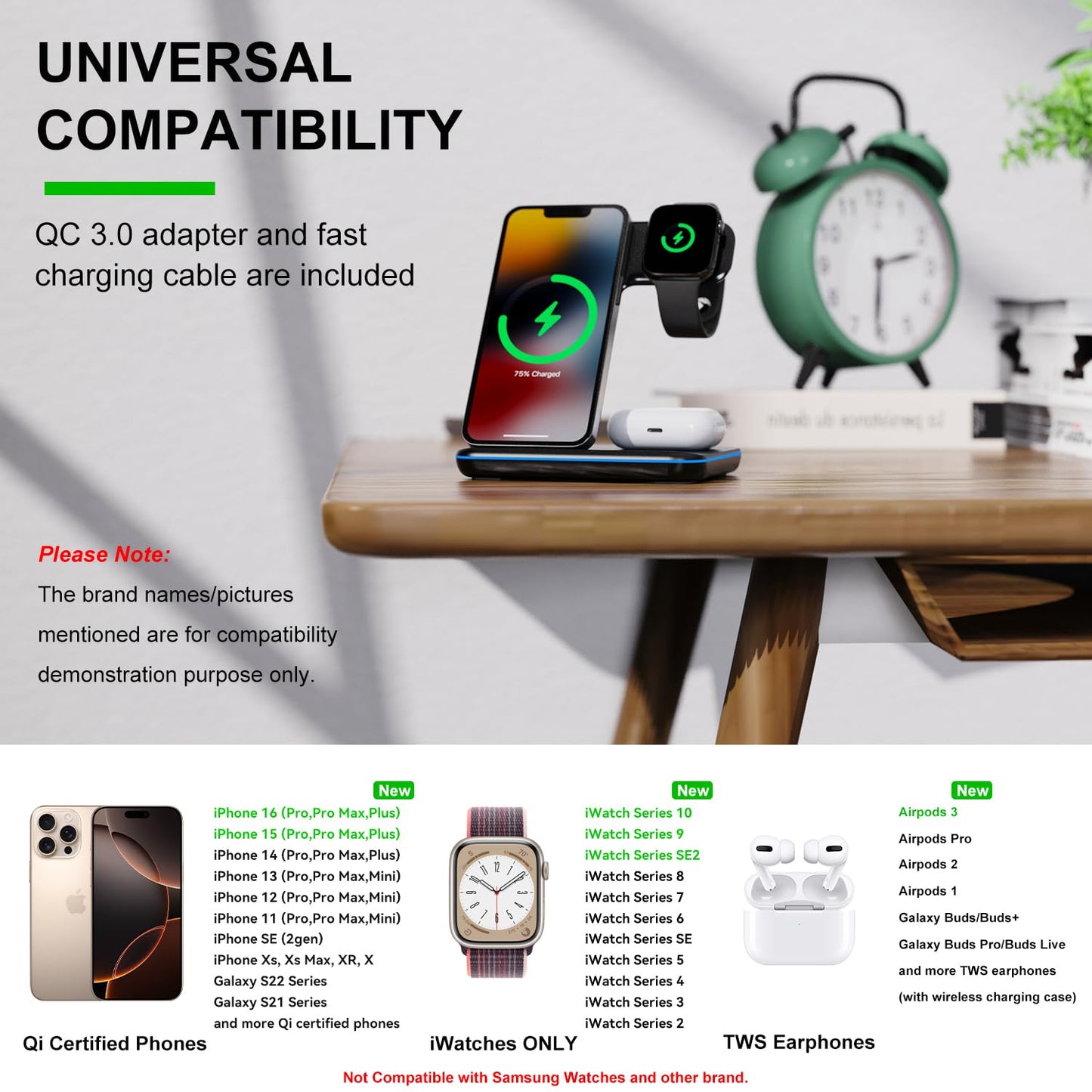 Minthouz 3 in 1 Wireless Charger, 18W Fast Wireless Charging Station for Multiple Devices Apple Watch, AirPods, Charger Stand Compatible with iPhone 15/14/13/12 Series - Black (with Adapter) - Medaid International