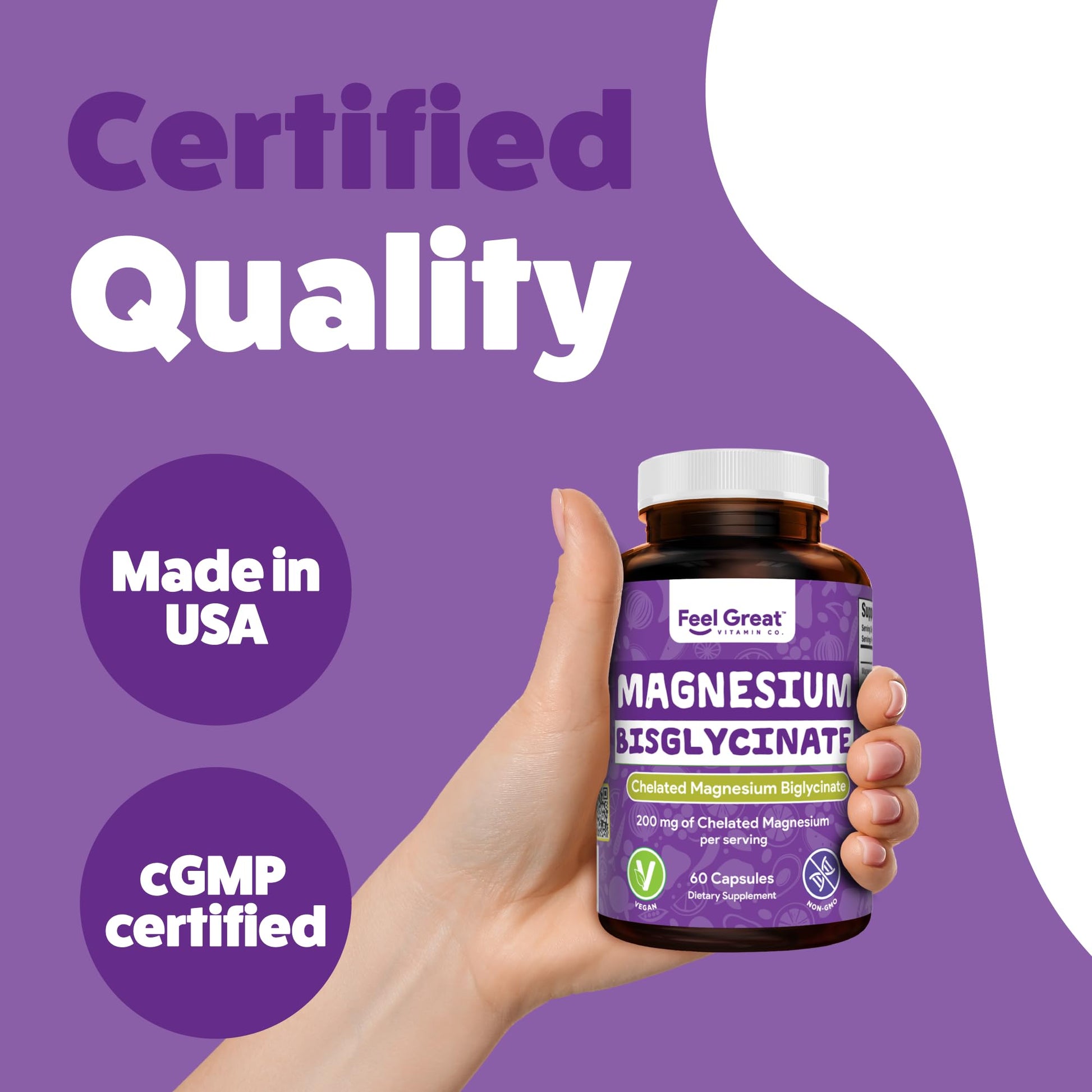 Feel Great Magnesium Bisglycinate – High Absorption, Buffered & Chelated Magnesium for Muscle, Bone & Joint Support – 60 Easy-to-Swallow Vegan Capsules - Medaid International