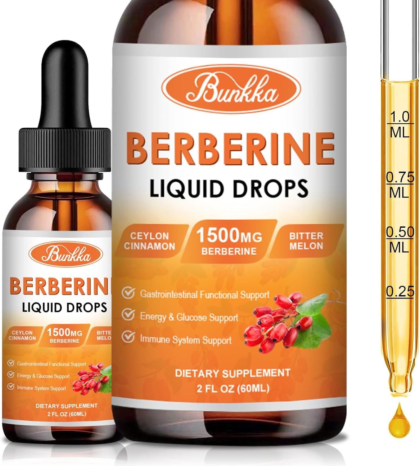 Bunkka (2 Pack) Berberine Supplement, Berberine Liquid Drops with Ceylon Cinnamon, Bitter Melon, Sugar-Free & Vegan Supplement Supports Immune System & Gastrointestinal Care - 4 FL Oz - Medaid International