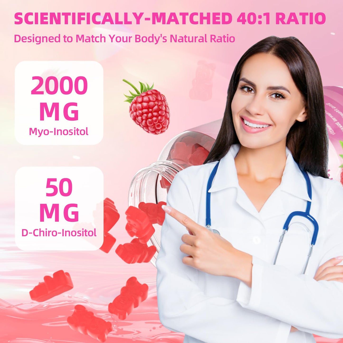 Mchokuu Myo-Inositol & D-Chiro Inositol Gummies, Ideal 40:1 Ratio Supplement for Women 2000mg 50mg with Vitamin D3 B12 for Hormonal Balance & Ovarian Health, Sugar Free, Raspberry Flavor, 60 Count - Medaid International