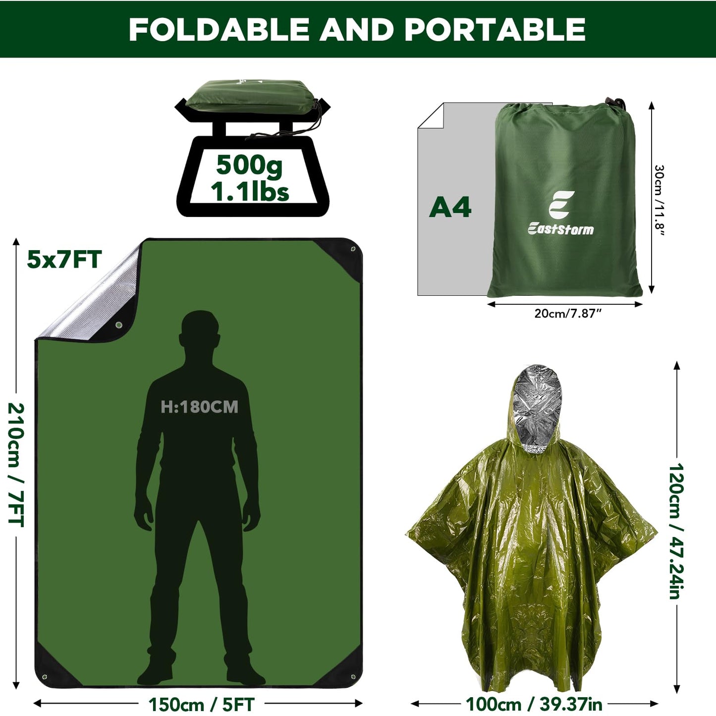 E EASTSTORM Thermal Tarp Survival Shelter Insulated Blanket Reflective 4×7 Ft, All-Weather Space Blankets Emergency Foil Mylar Thermal Blanket for Outdoor Car, Camping, Hiking and Shelter - Green