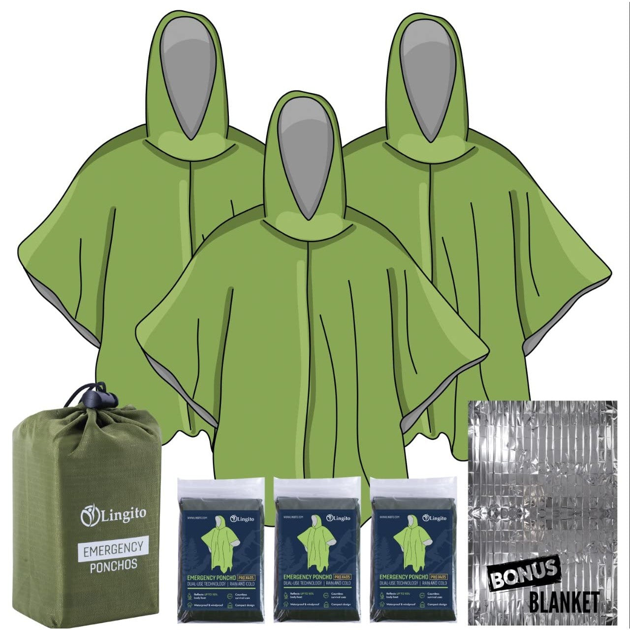 Lingito Emergency Rain Poncho - Thermal Survival, Insulated - Camping, Hiking, Traveling; Bonus Mylar Tarp Blanket; Waterproof, Packed in Ripstop Case (3 + 1 Pack - Green)