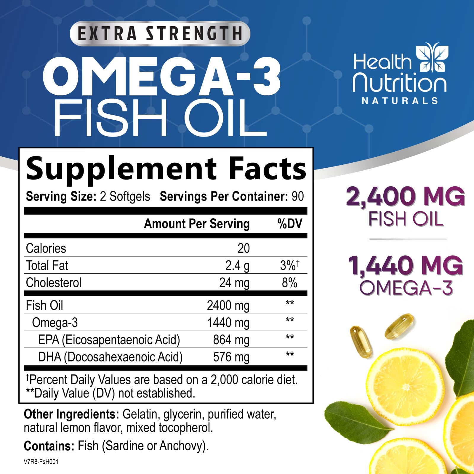 Omega 3 Fish Oil 2400 mg - Triple Strength Omega3, EPA & DHA Fatty Acids Supplement - Natural Support for Immune, Heart & Brain Health - Wild Caught, Non-GMO, Lemon Flavor, Burpless - 180 Softgels - Medaid International