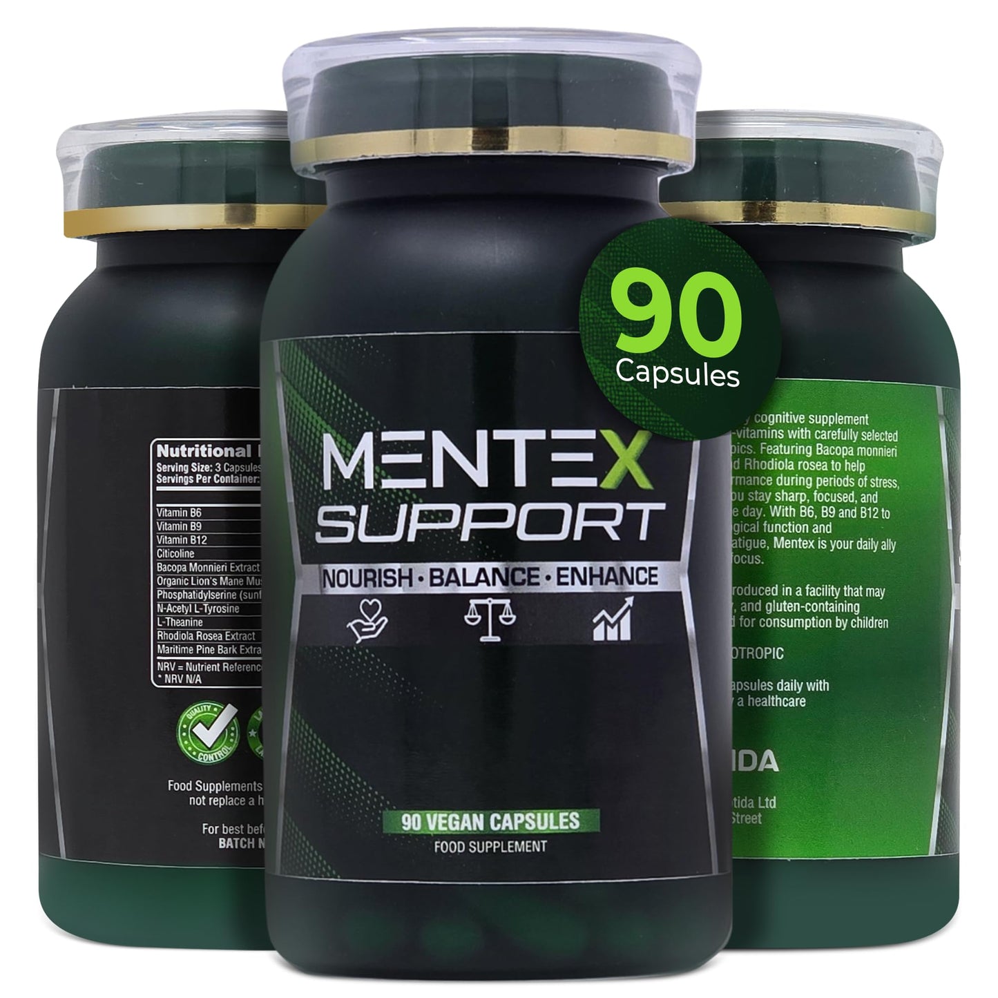 Mentex Nootropics Brain Support Supplement – Brain Supplement with Lion's Mane, Citicoline, Rhodiola & Bacopa – Cognitive Support for Focus, Memory & Mental Clarity – 90 Vegan Capsules - Medaid International