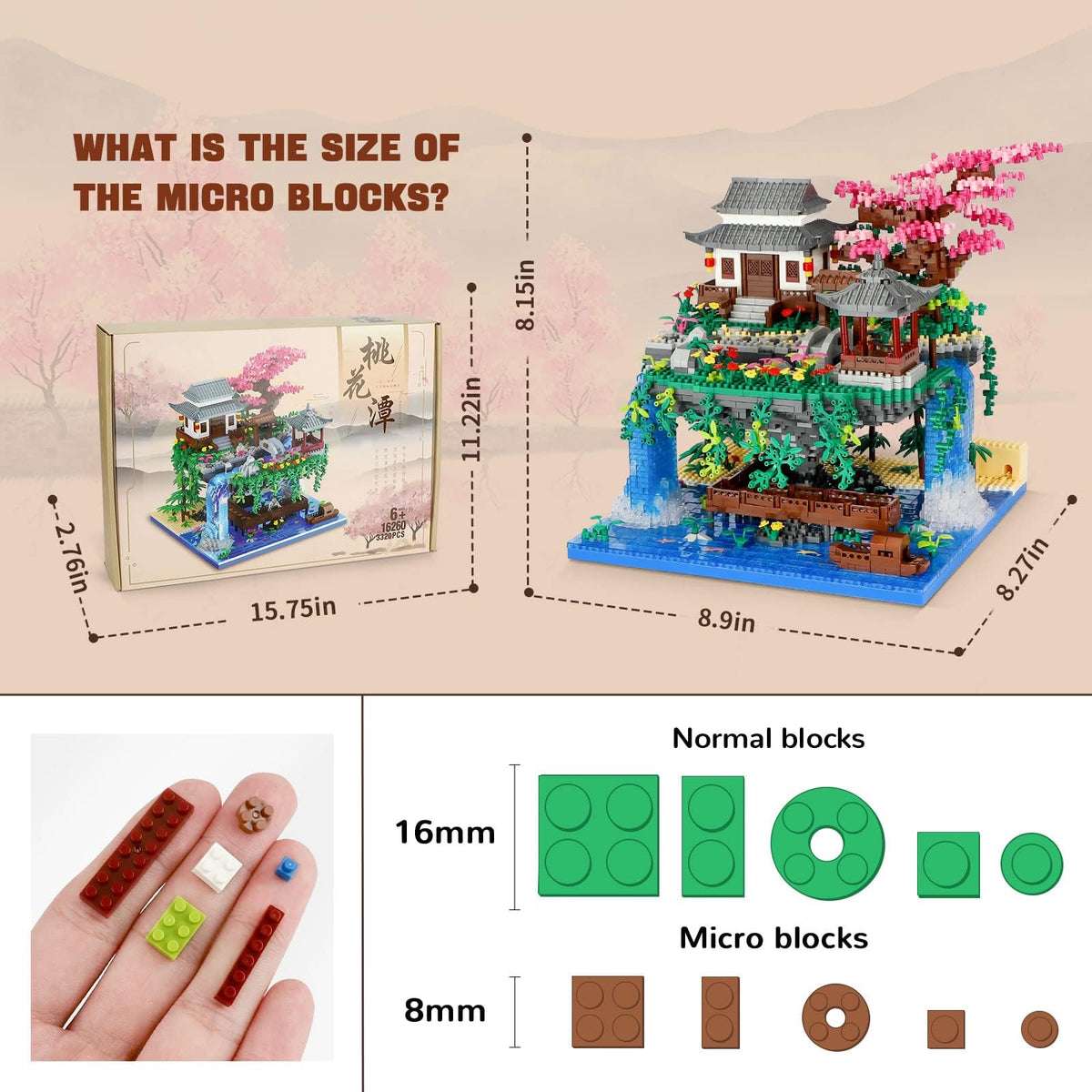 KASTWAVE Peach Blossom Pond Micro Mini Building Blocks Set, Chinese Architecture Cherry Bonsai Gift Toys with String Lights, Japanese Sakura Tree House Micro Bricks for Adults and 14+ Kids (3320 Pcs)