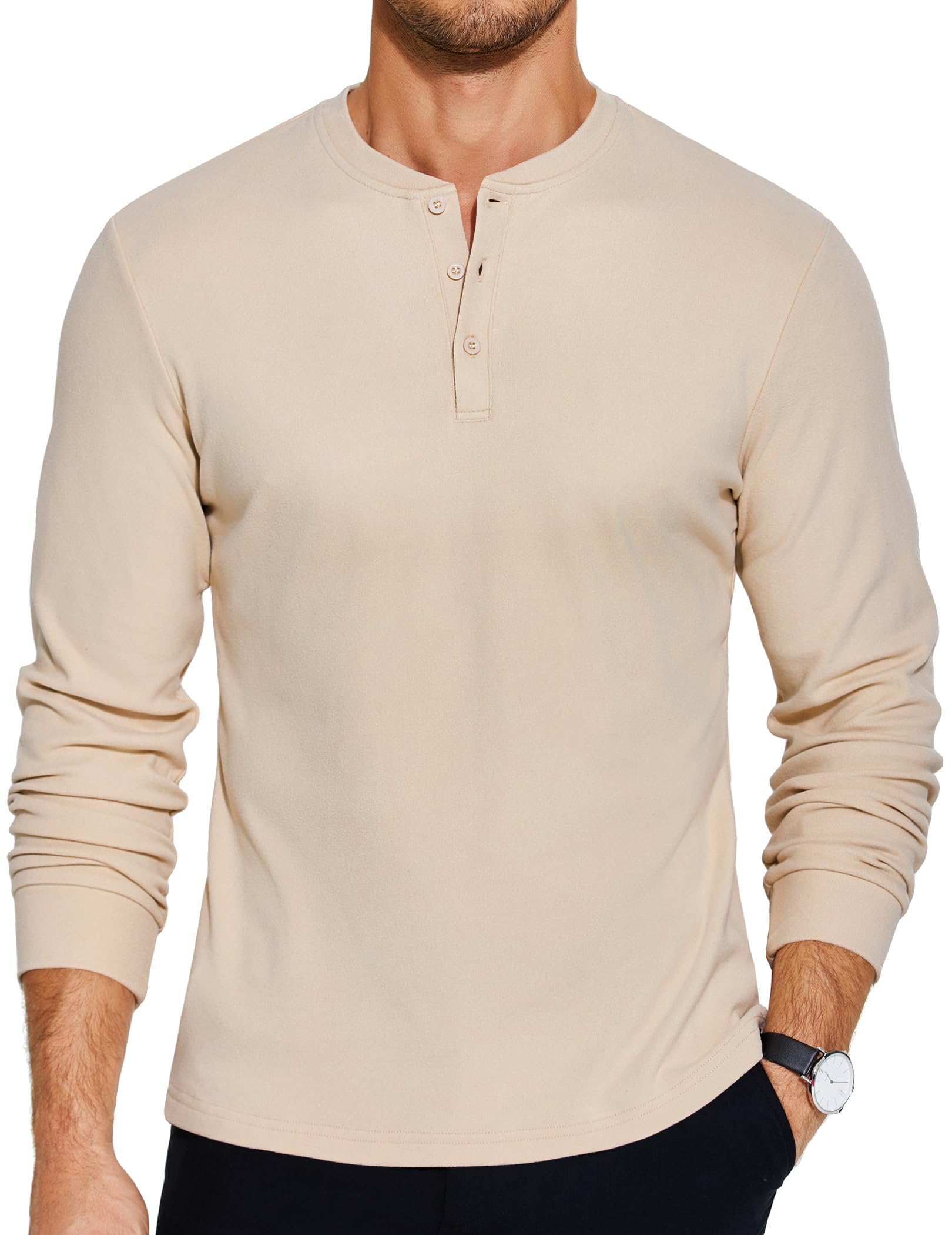 COOFANDY Men's Casual Henley Shirt Soft Stretch Long Sleeve T-Shirt Heavyweight Henley Pullover Basic Solid Plain T Shirt Khaki - Medaid International