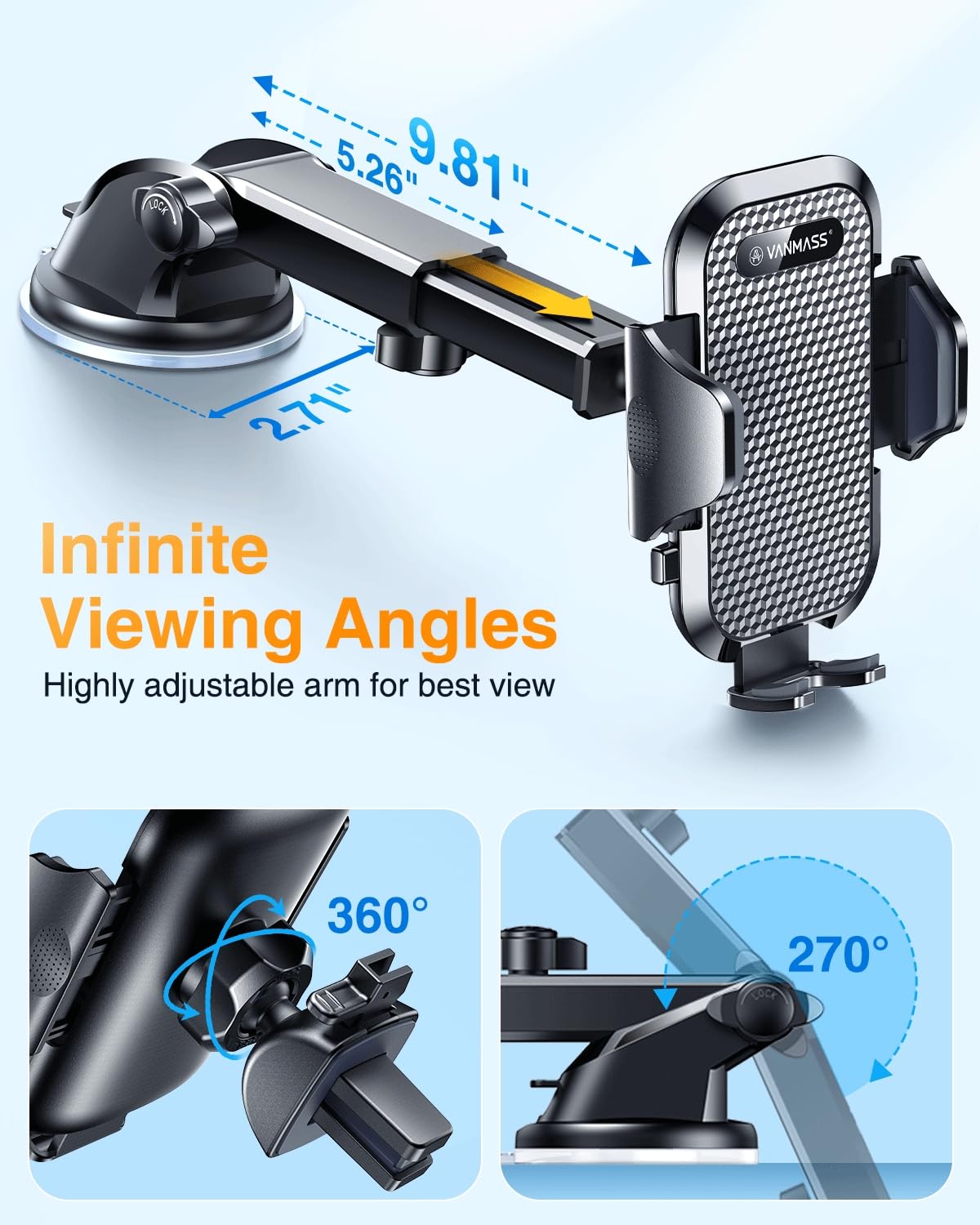 VANMASS Car Phone Holder 2025 Military-Grade Phone Holder for Your Car Windshield Dashboard【 65 Lbs Strongest Suction】【Patent & Safety Certs】 Universal Cell Phone Car Mount for iPhone Samsung Android - Medaid International