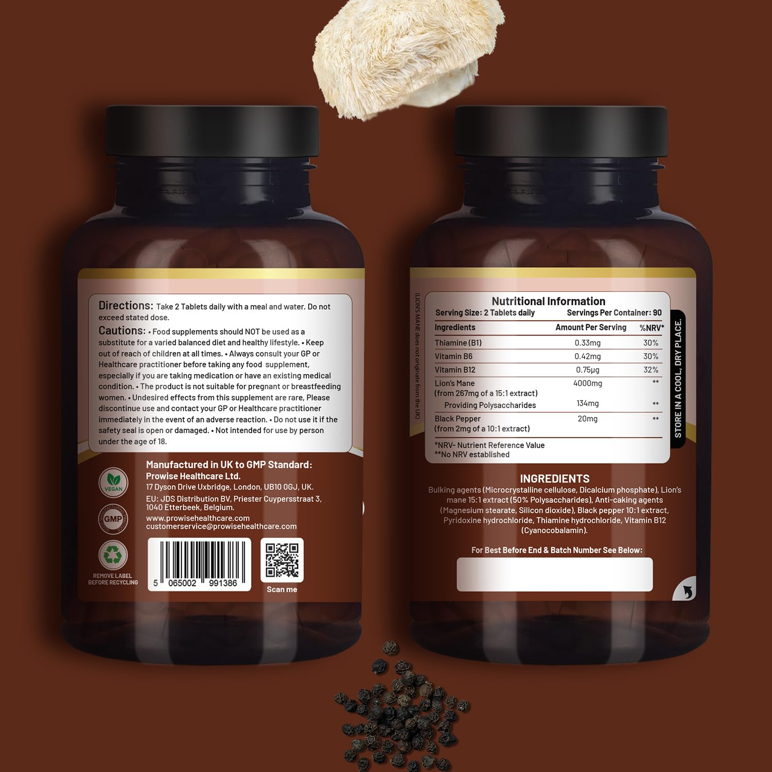 Lions Mane Mushroom Supplement 4000mg with Vitamin B1, B6, B12 & Black Pepper - 180 Super Strength Vegan Tablets with 50% Polysaccharides (Not Powder or Capsules) | Made in The UK by Prowise - Medaid International
