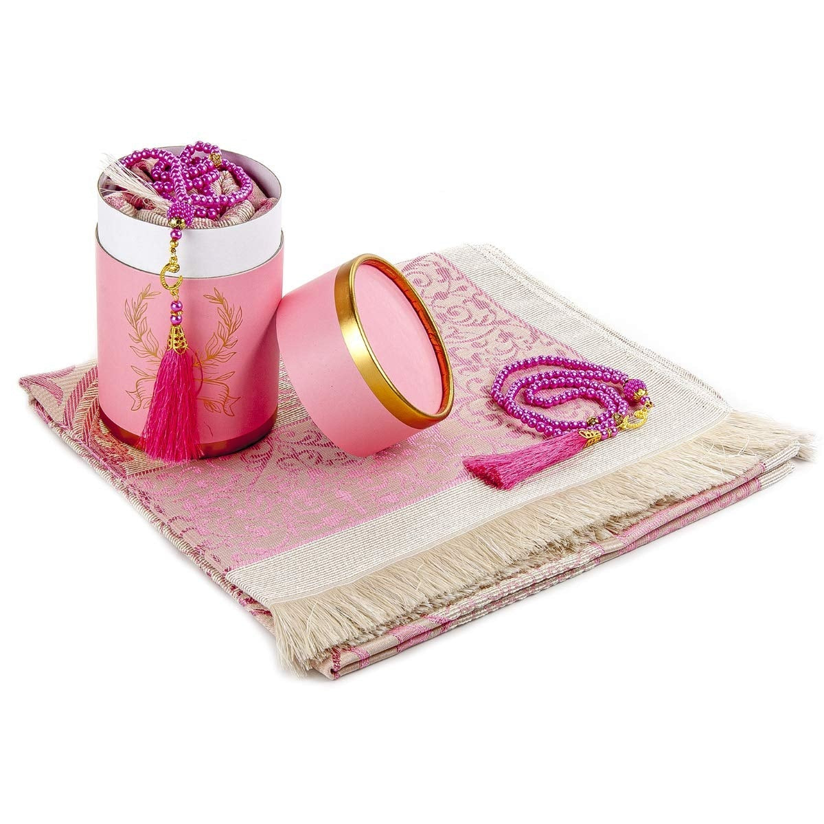 Muslim Prayer Rug and Prayer Beads with Elegant Cylinder Gift Box | Janamaz | Sajadah | Soft Islamic Prayer Rug | Islamic Gifts Set | Prayer Carpet Mat, Taffeta Fabric, Pink - Medaid International
