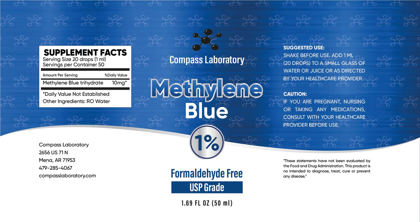 COMPASS LABORATORY Methylene Blue Pharmaceutical Grade, USP Grade, Third-Party Tested Dietary Supplement for Humans, No Formaldehyde, Made in USA (1% 50ml Bottle) - Medaid International