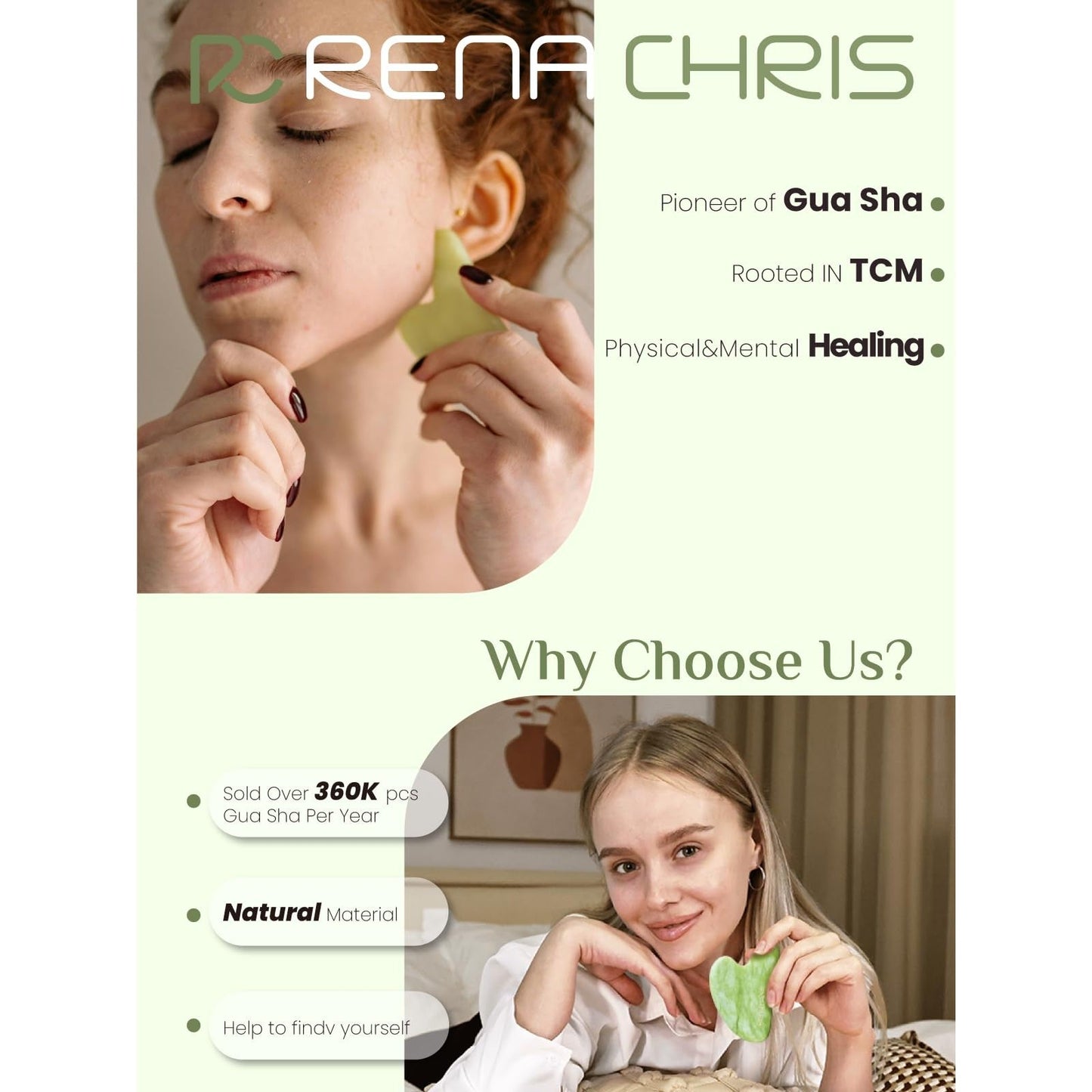 Rena Chris Gua Sha Facial Tools, Xiuyan Jade Stone Guasha Tool for Face Massage, Manual Facial Massager Tool for Jawline Sculpting and Puffiness Reduction with Silicone Case (Green) - Medaid International