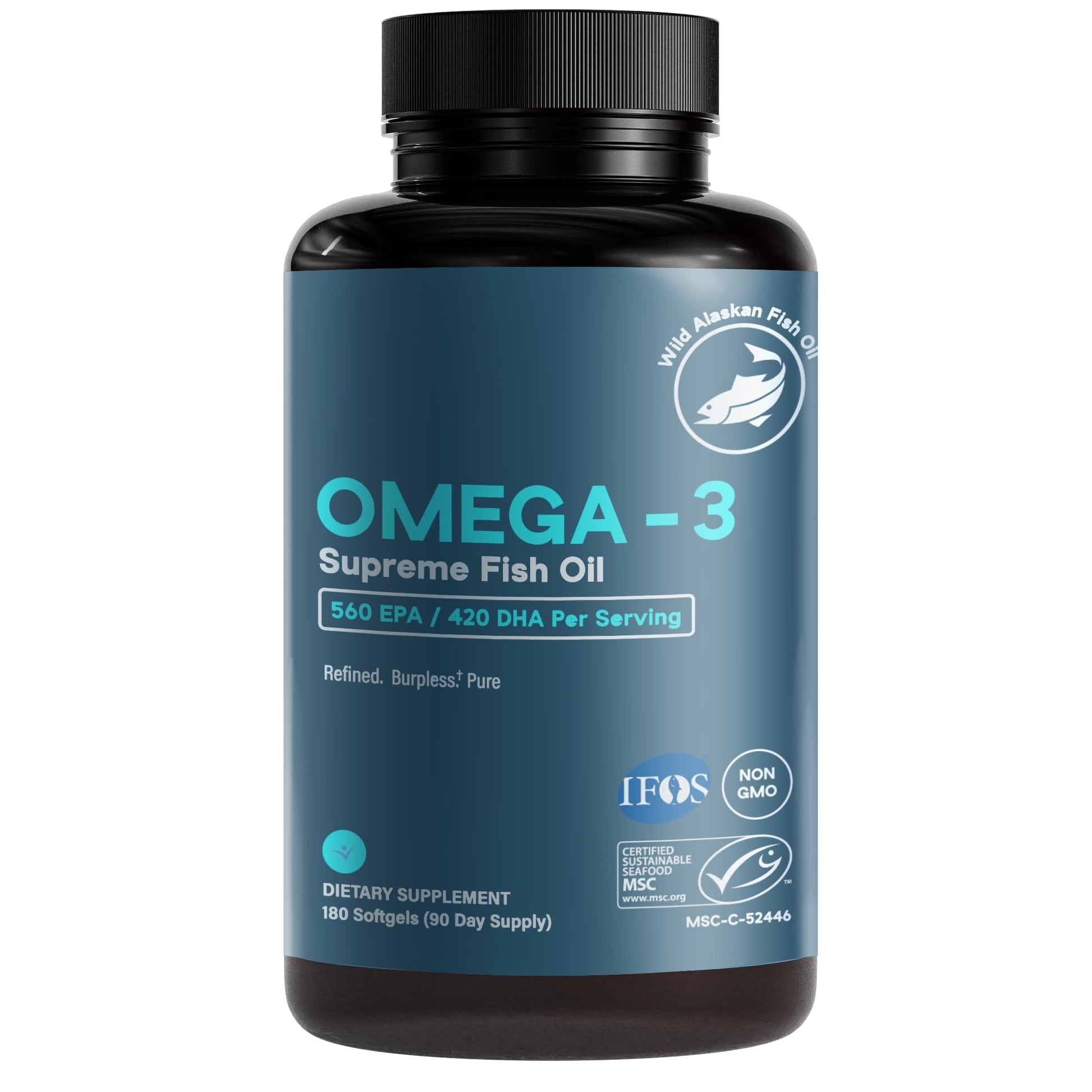 Omega-3 Supreme 1400 mg Wild Alaskan Fish Oil | IFOS Certified EPA DHA, Sustainable, Burpless, Veg Enteric Coated for Absorption (3 Mo Supply,180 Softgels) - Medaid International