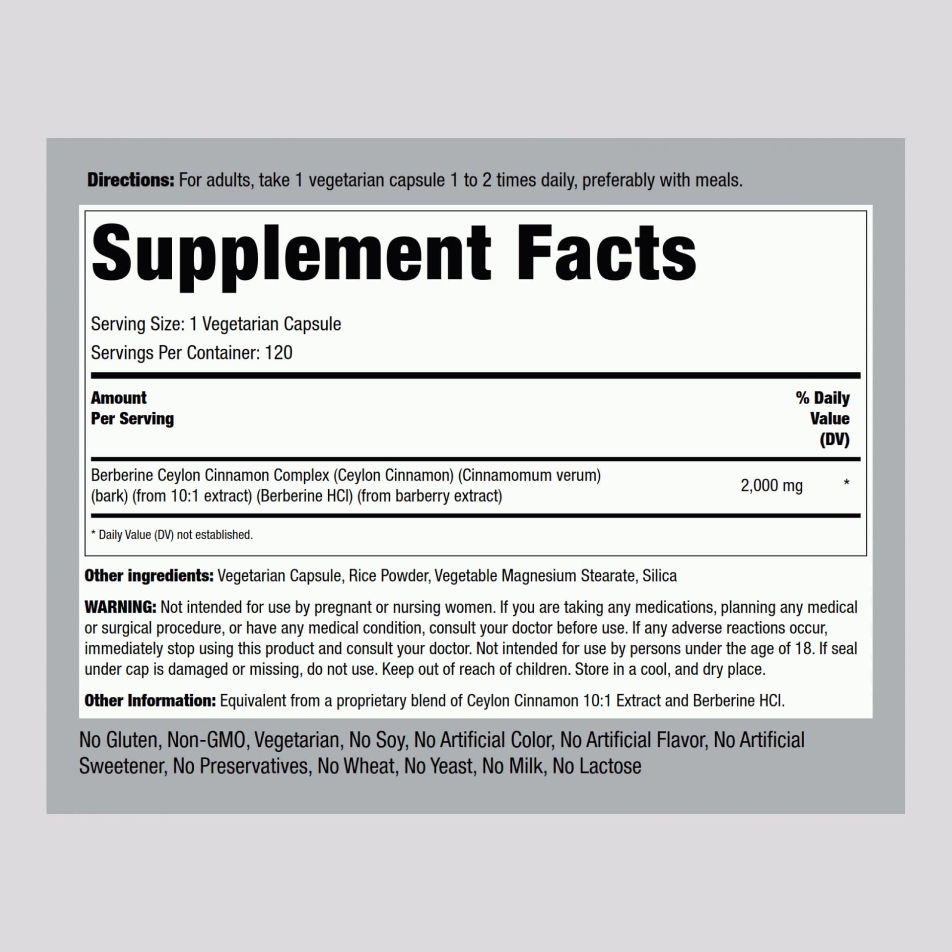 Piping Rock Berberine with Ceylon Cinnamon Supplement | 2000 mg | 120 Capsules | Vegetarian Complex | Non-GMO, Gluten Free - Medaid International
