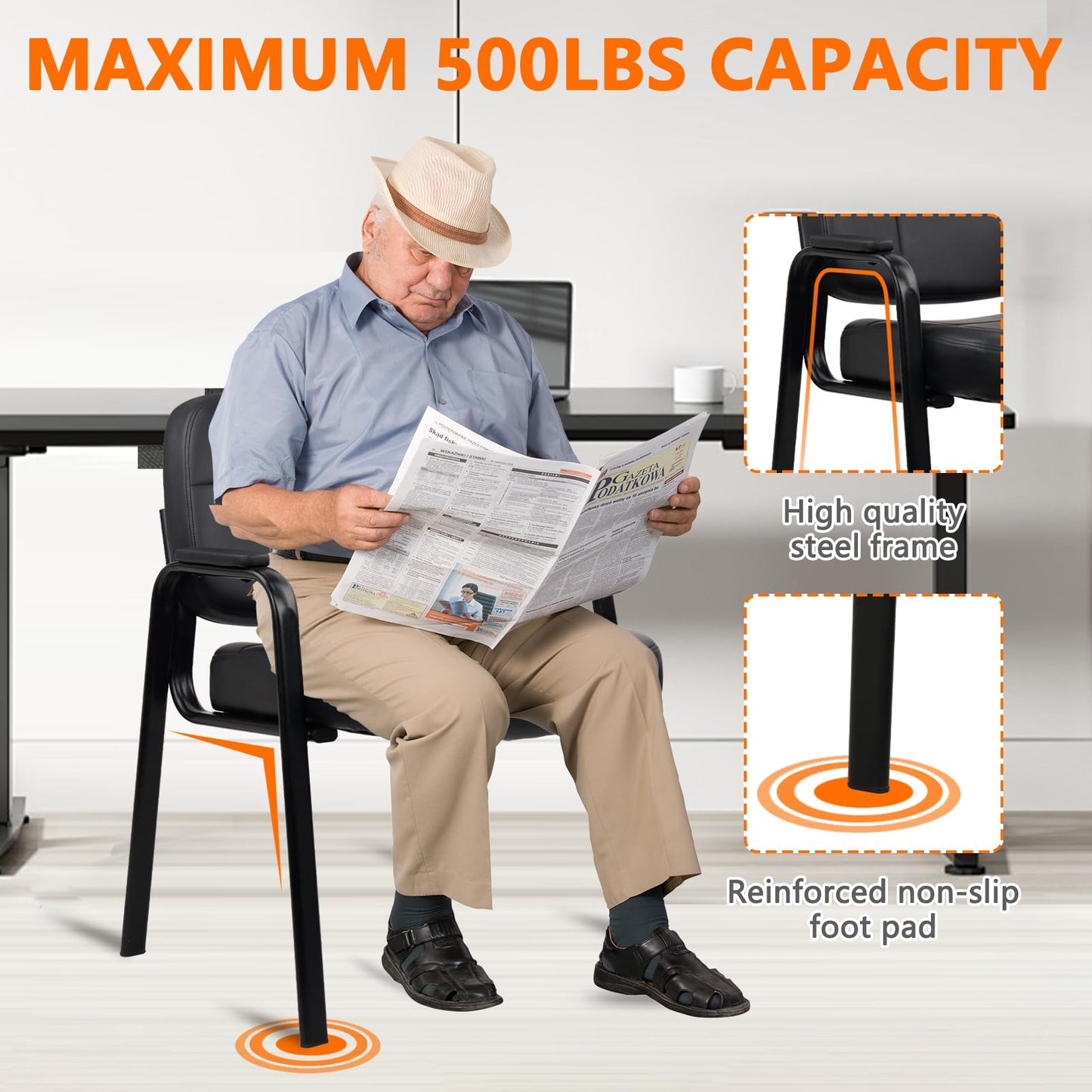 CLATINA Big & Tall 500 lbs Waiting Room Guest Chair, Leather Office Reception Chair No Wheels with Padded Arms for Elderly Home Desk Conference Room Lobby Side Salon Clinic, Black(8 Pack) - Medaid International