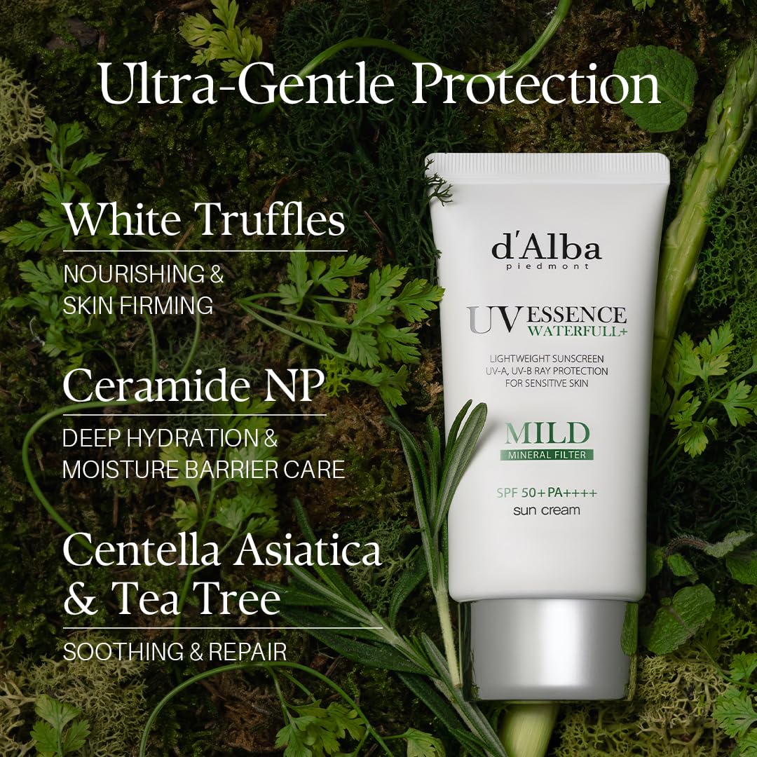 d'alba Piedmont Italian White Truffle Waterfull Mild Sunscreen, Vegan, Mineral Sunscreen, SPF 50+ PA++++, Non-Nano Sunscreen Suitable for all Sensitive Skin, Gentle & Light Finish, Korean Skincare - Medaid International