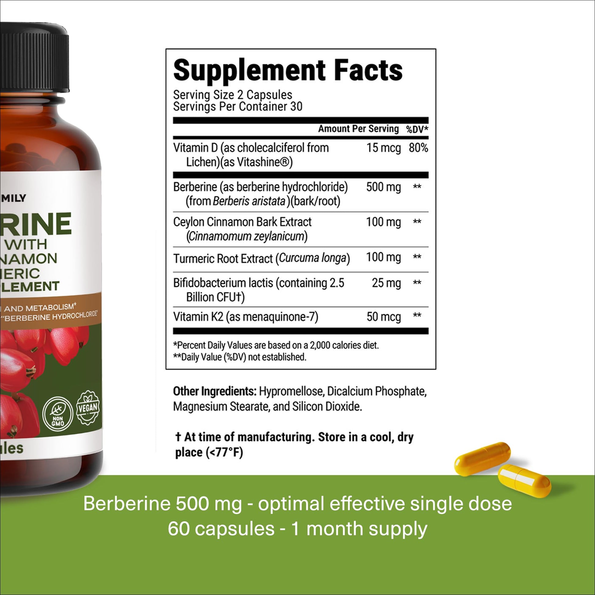 Berberine Supplement 500mg with Probiotics Vitamins D and K - 1 Month Supply Ultra Berberine - 60 Berberine Capsules - Berberine 500 mg for Weight Balance, Gut Health - Berberine with Ceylon Cinnamon - Medaid International