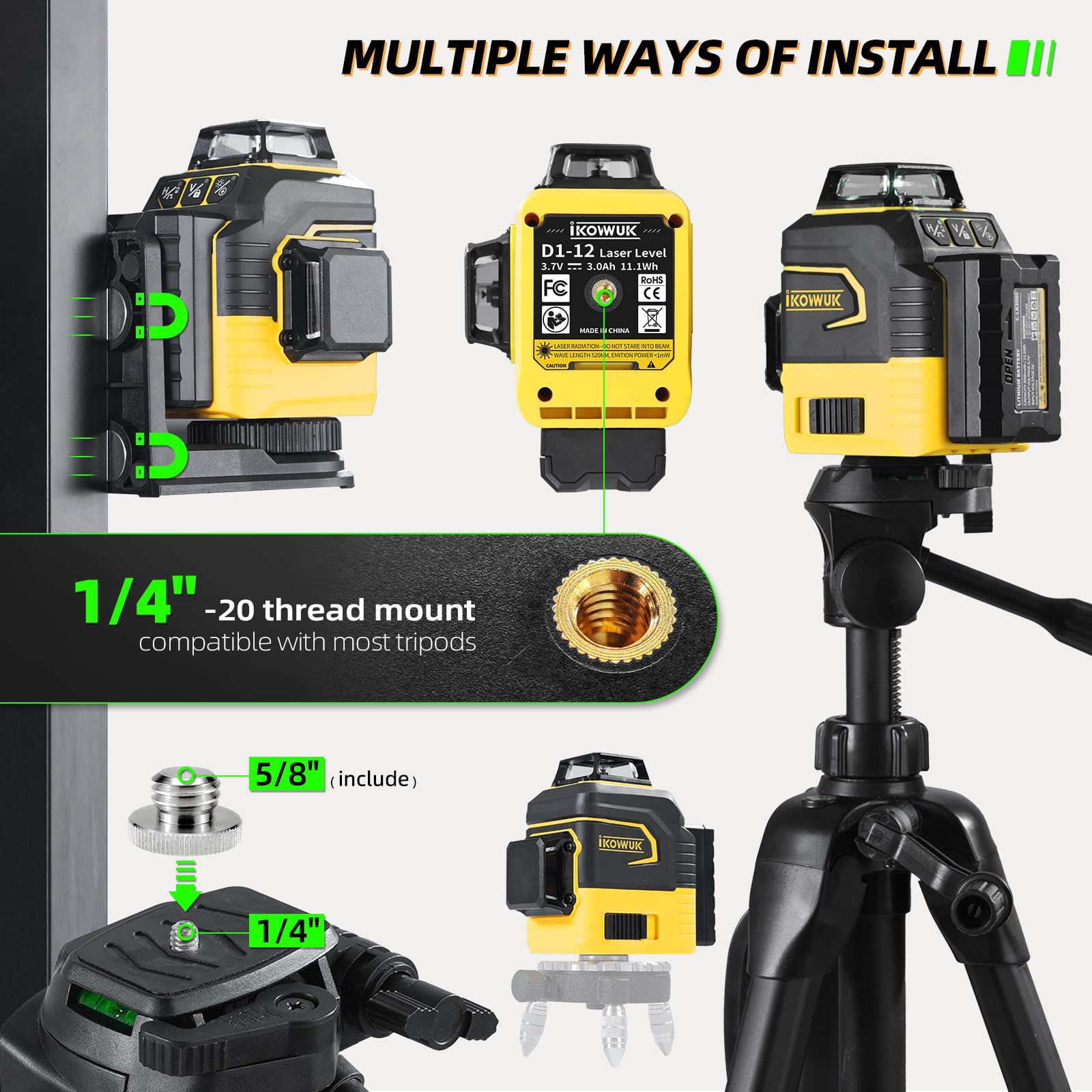 IKOVWUK Laser Level with Tripod, Laser Level 3x360° Self Leveling 12 Green Line, Rechargeable Battery 2 x 3000 mAh & Type-C Charging Port, Compact Adjustable 1.6M Tripod & Carry Pouch Included - Medaid International