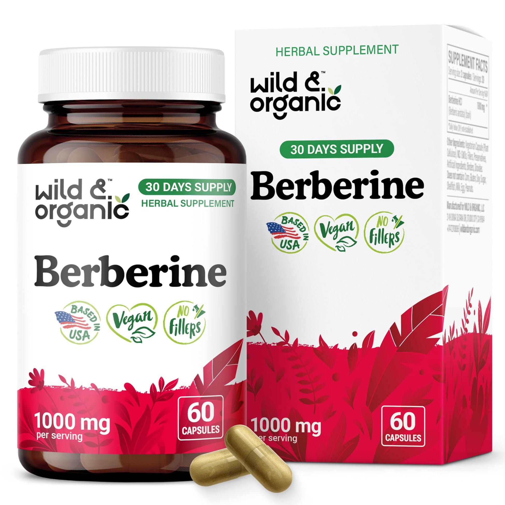 Wild & Organic Berberine Supplement Capsules 1000 mg - Antioxidant & Overall Support - Pure Berberine HCL Powder - Berberis Aristata Bark - Vegan, No Fillers, Non-GMO - 60 Count - Medaid International