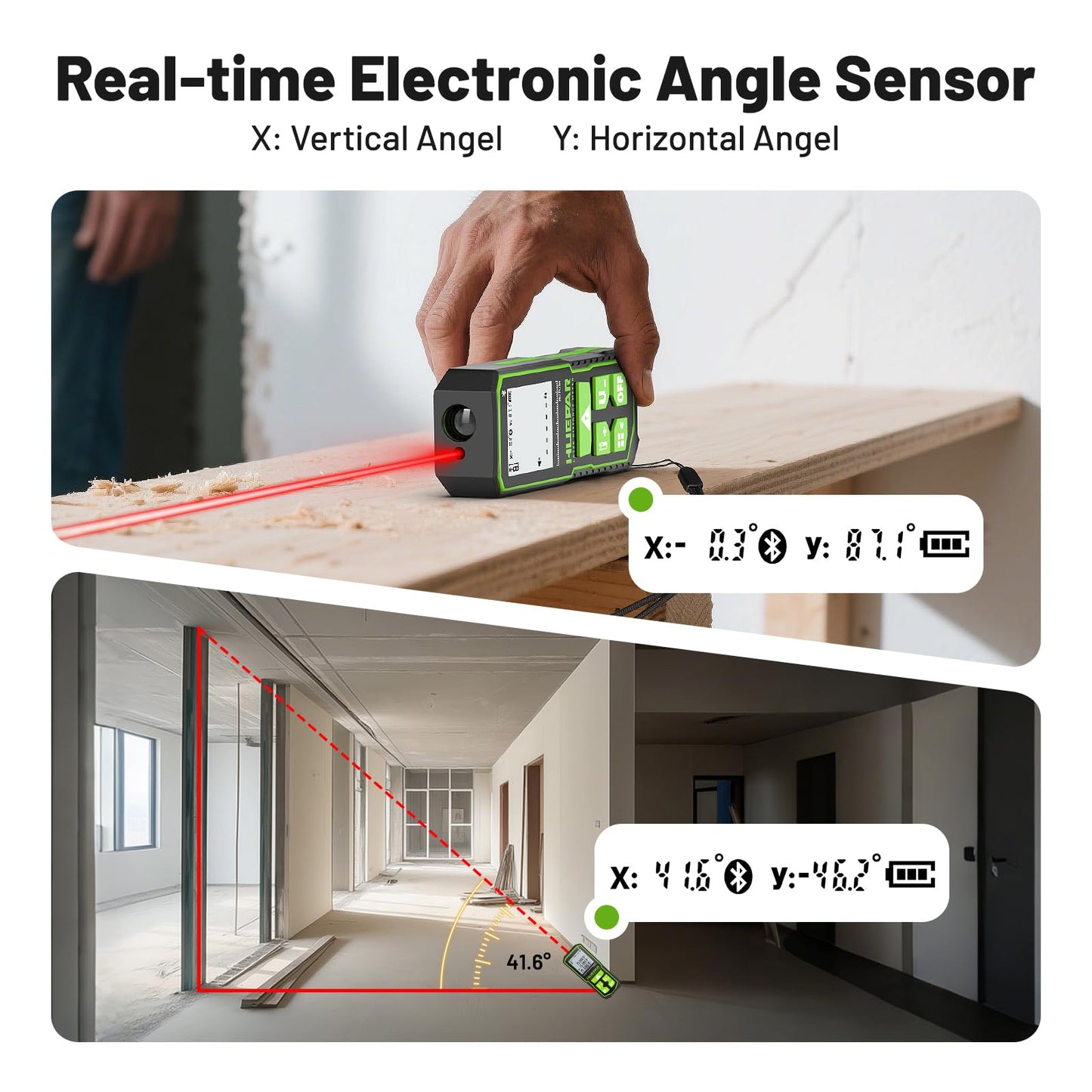 Huepar Laser Distance Measure 200Ft. Digital Rechargeable Laser Measuring Tool with Bluetooth -Phone APP, 1/16in Accuracy, Angle Sensor, M/in/Ft Unit, Pythagorean Mode, Measure Distance, Area, Volume - Medaid International