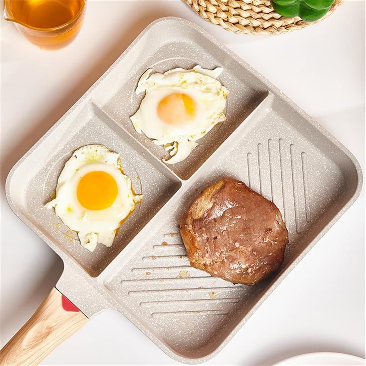 3-in-1 Divided Grill Pan, Nonstick Square Egg Skillet with Bakelite Handle, Induction Compatible