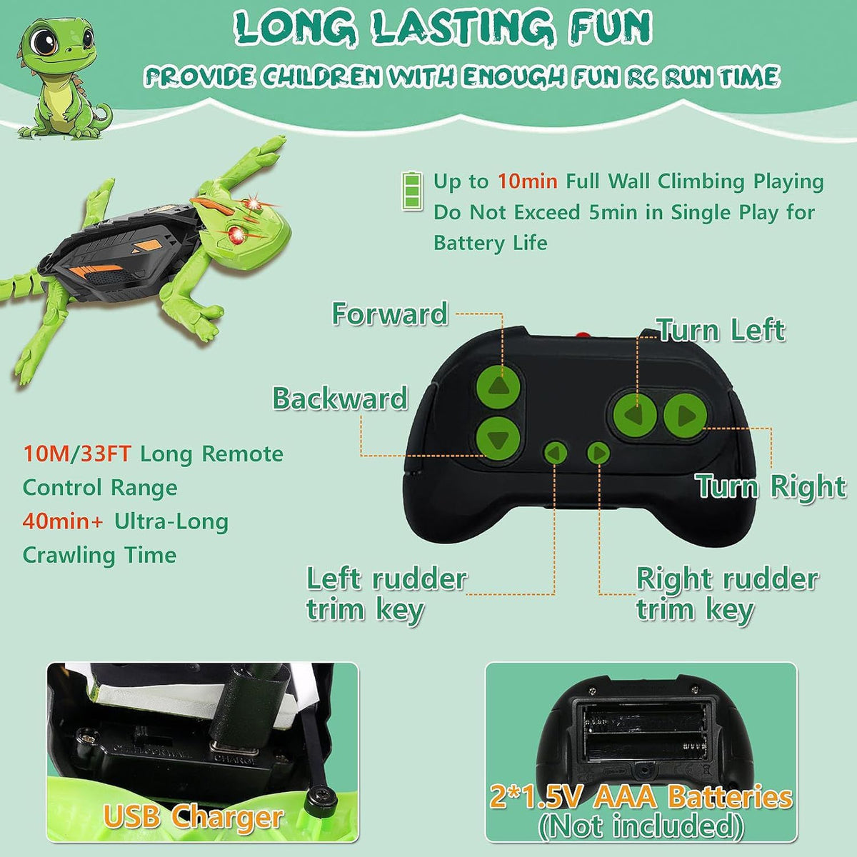 Wall Crawler Gecko, Electric Lizard Toy, Remote Control Crawling Gecko, Rechargeable Funny Prank Toy, for Adults, Indoor Walls, Ceilings, Family Fun, Parties, Office, Birthday Prank Games (Green)