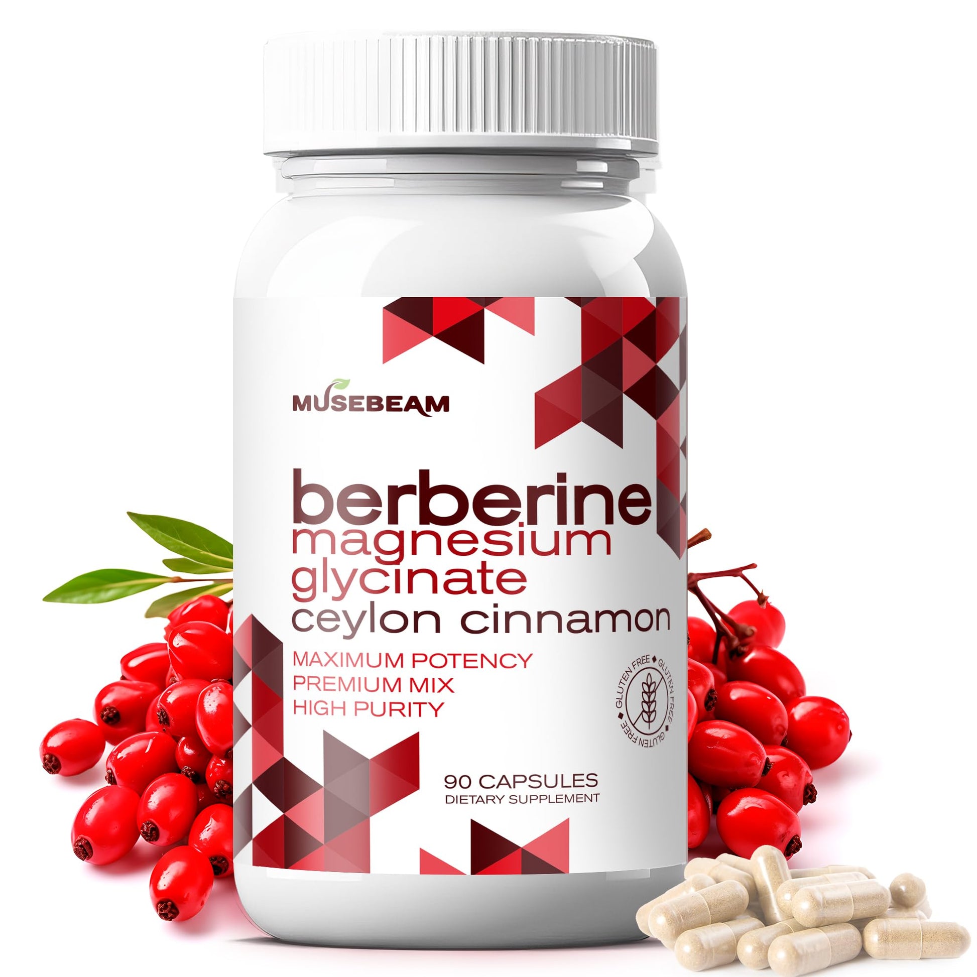 MuseBeam Berberine HCL Magnesium Glycinate Supplement - 1800mg High Purity Capsules with Ceylon Cinnamon - Vegan Friendly Non-GMO Gluten-Free Sugar Free Pill for Men Women - Medaid International