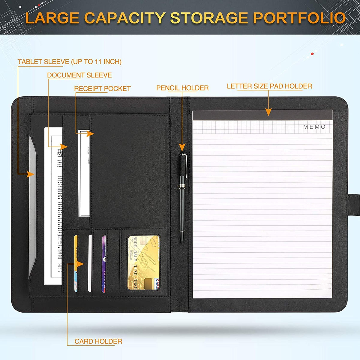 TERRIFI Portfolio Folder PU Leather Multifunctional Business Document Organizer Card Storage Letter Size Clipboard with Legal Pad for Interview Conference Presentation Paperwork Black