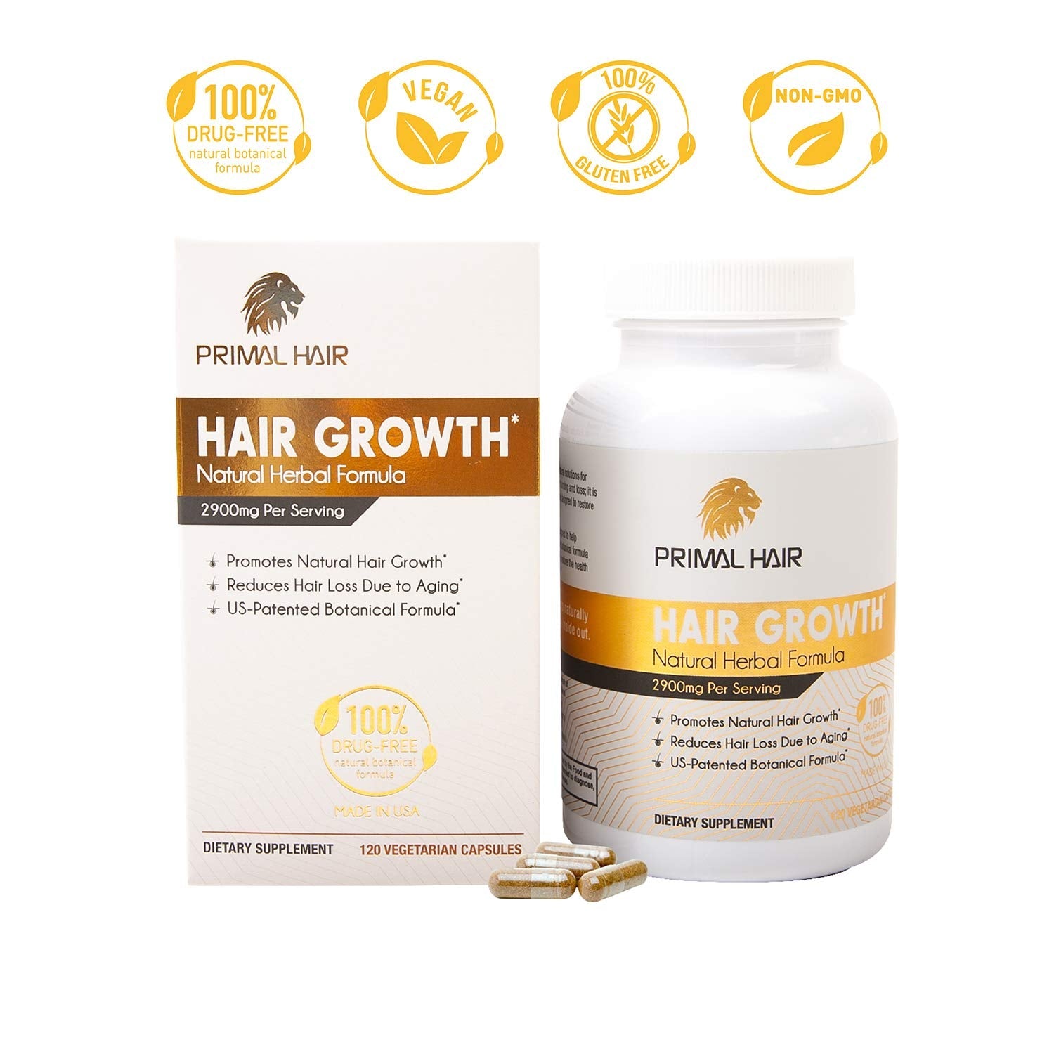 Primal Hair 3 PK- 100% Natural Growth Treatment, Reduces Hair Loss, US Patented Formula Proven Effective for Men & Women, 100% Vegan, Non-GMO, 90-Day Supply, 3 Pack - Medaid International