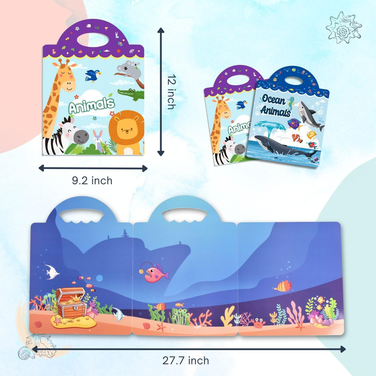 KASTWAVE Reusable Sticker Book for Kids, Animal & Ocean Animal Waterproof Stickers, Preschool Learning Activities Busy Book Gift Toddler Travel Toys for Girls Boys Babies Ages 3+