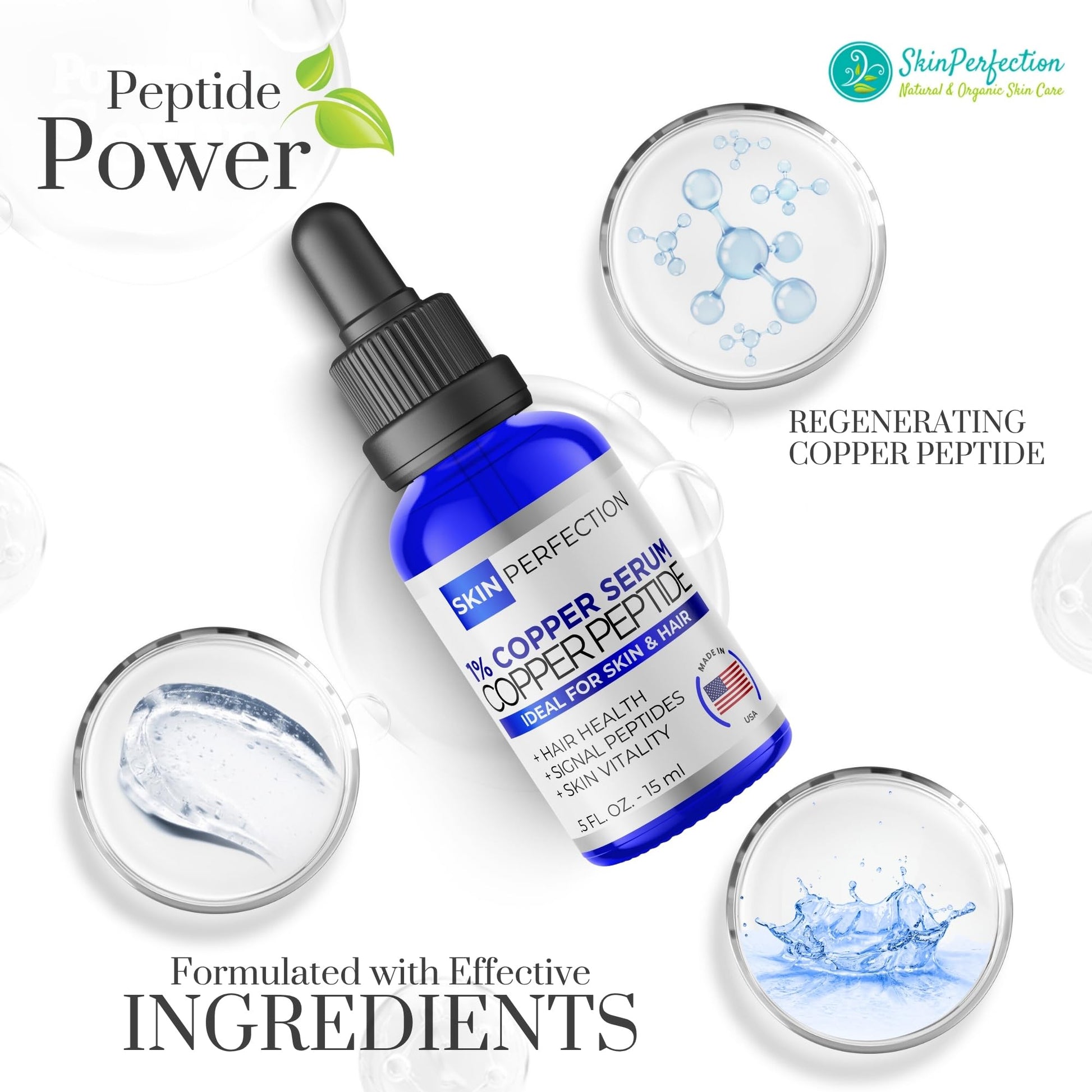 Skin Perfection GHK-CU Copper Peptides Serum for Face & Hair - Copper Peptide for Skin, Hair & Scalp - 1% Blue Liquid for Face, Neck, Body, and Scalp – Multi-Use Serum Booster with Dropper 0.5 fl oz - Medaid International